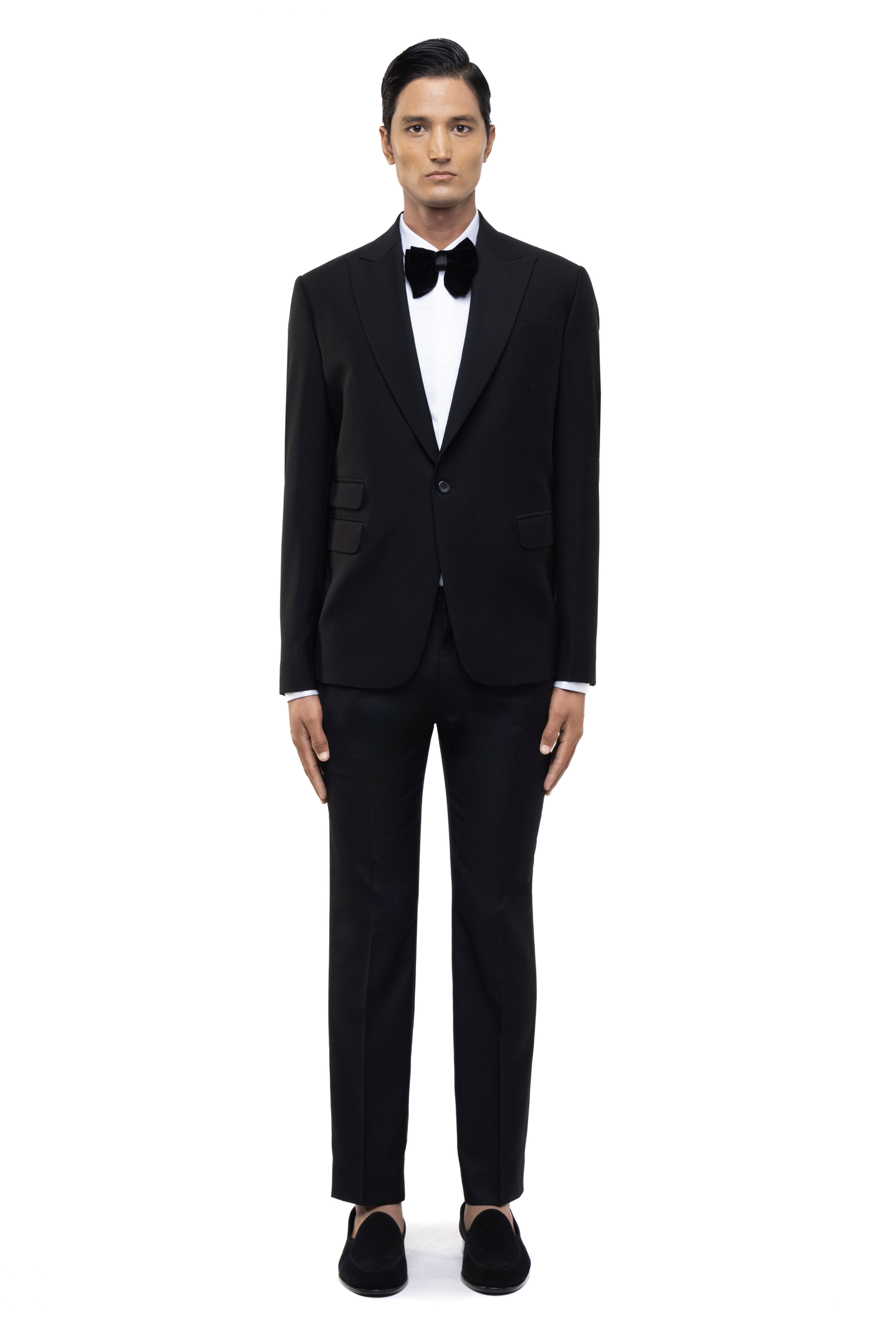 Black Worsted Wool Classic Peak Lapel Single Breasted Tuxedo Set