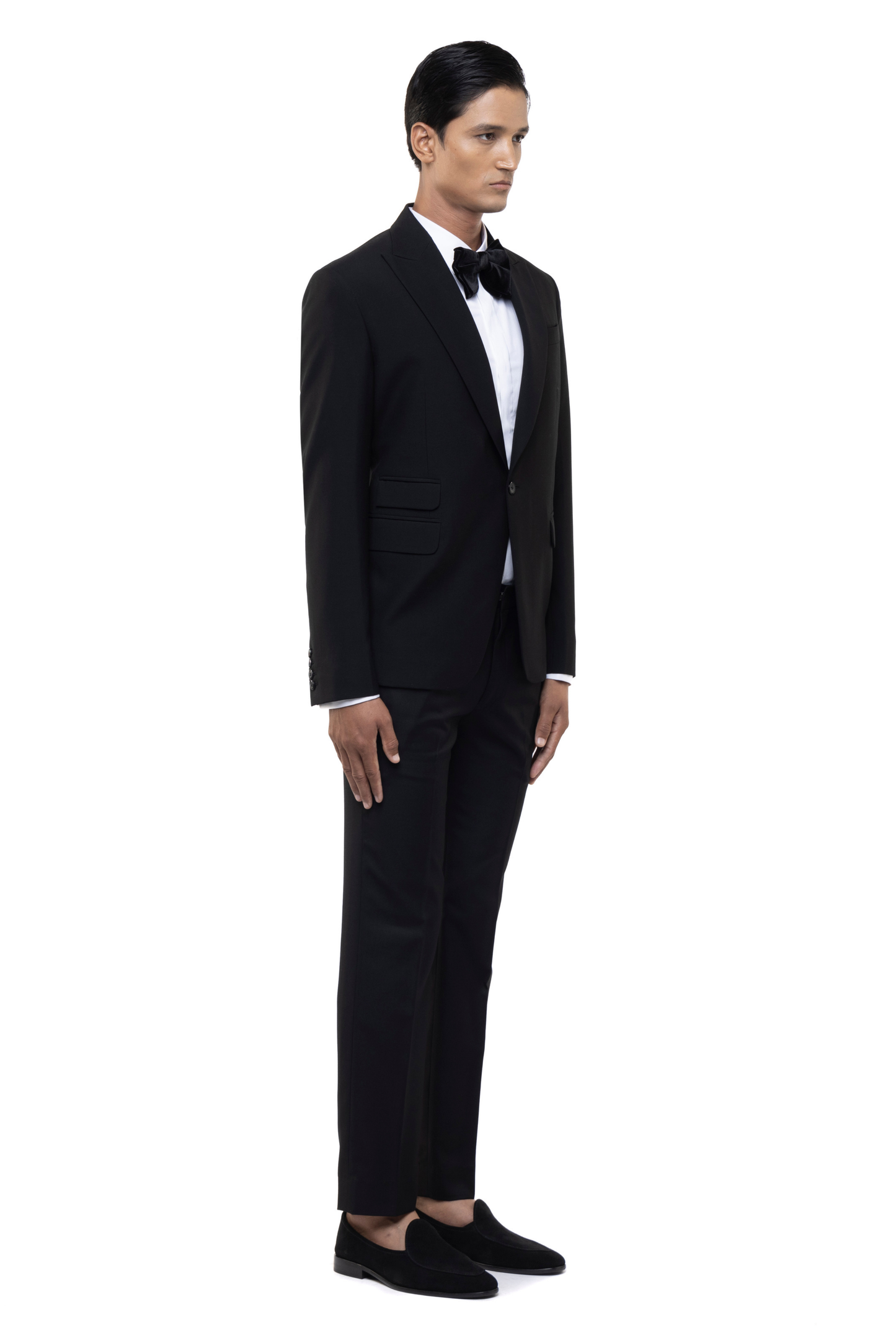 Black Worsted Wool Classic Peak Lapel Single Breasted Tuxedo Set