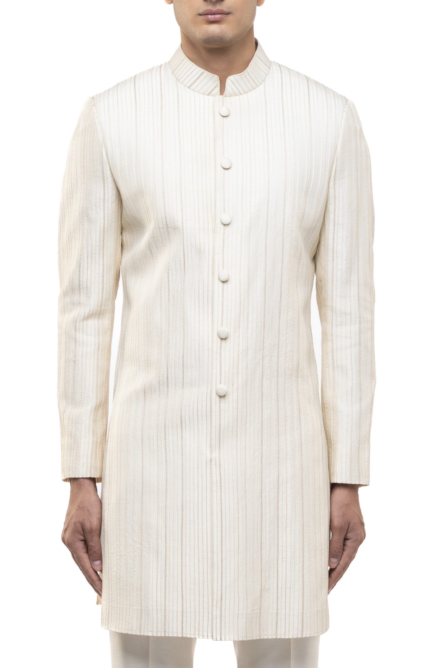 Off-White Silk Vertical Pleated Sherwani Set