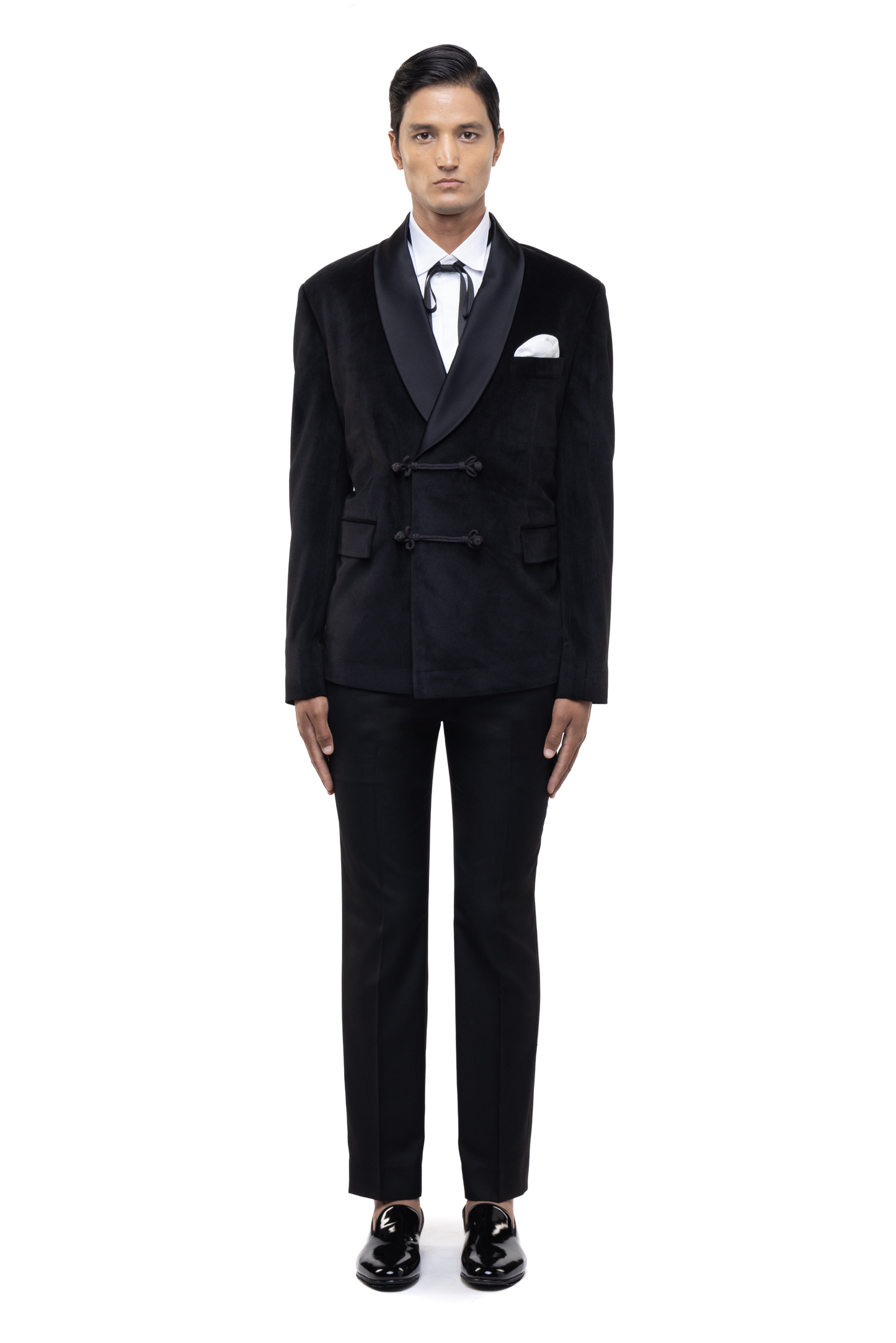 Black Velvet Shawl Lapel Double Breasted Knot Closure Tuxedo Set