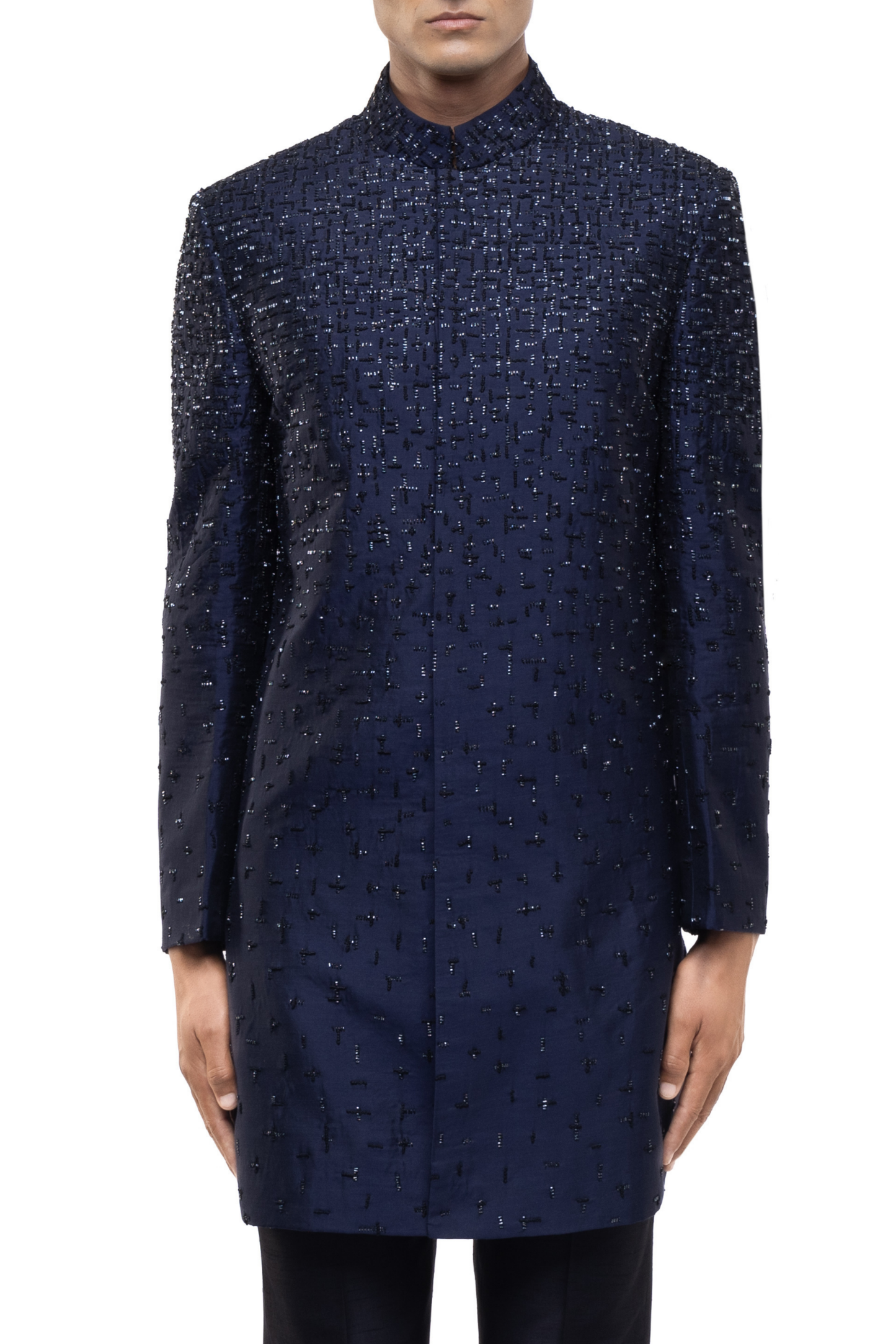 Navy Blue Silk Sequin Faded French Knot Embroidery Sherwani Set