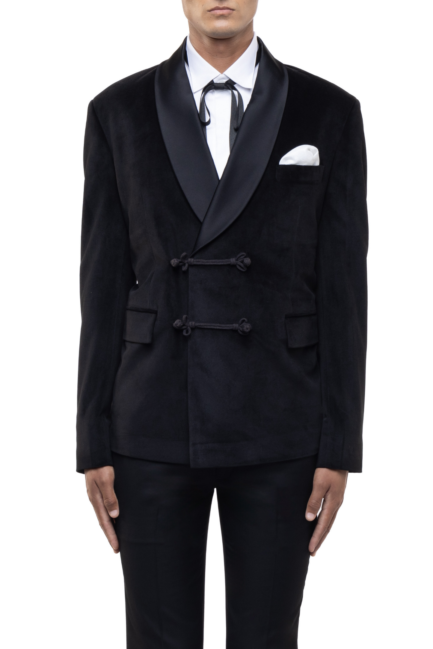 Black Velvet Shawl Lapel Double Breasted Knot Closure Tuxedo Set