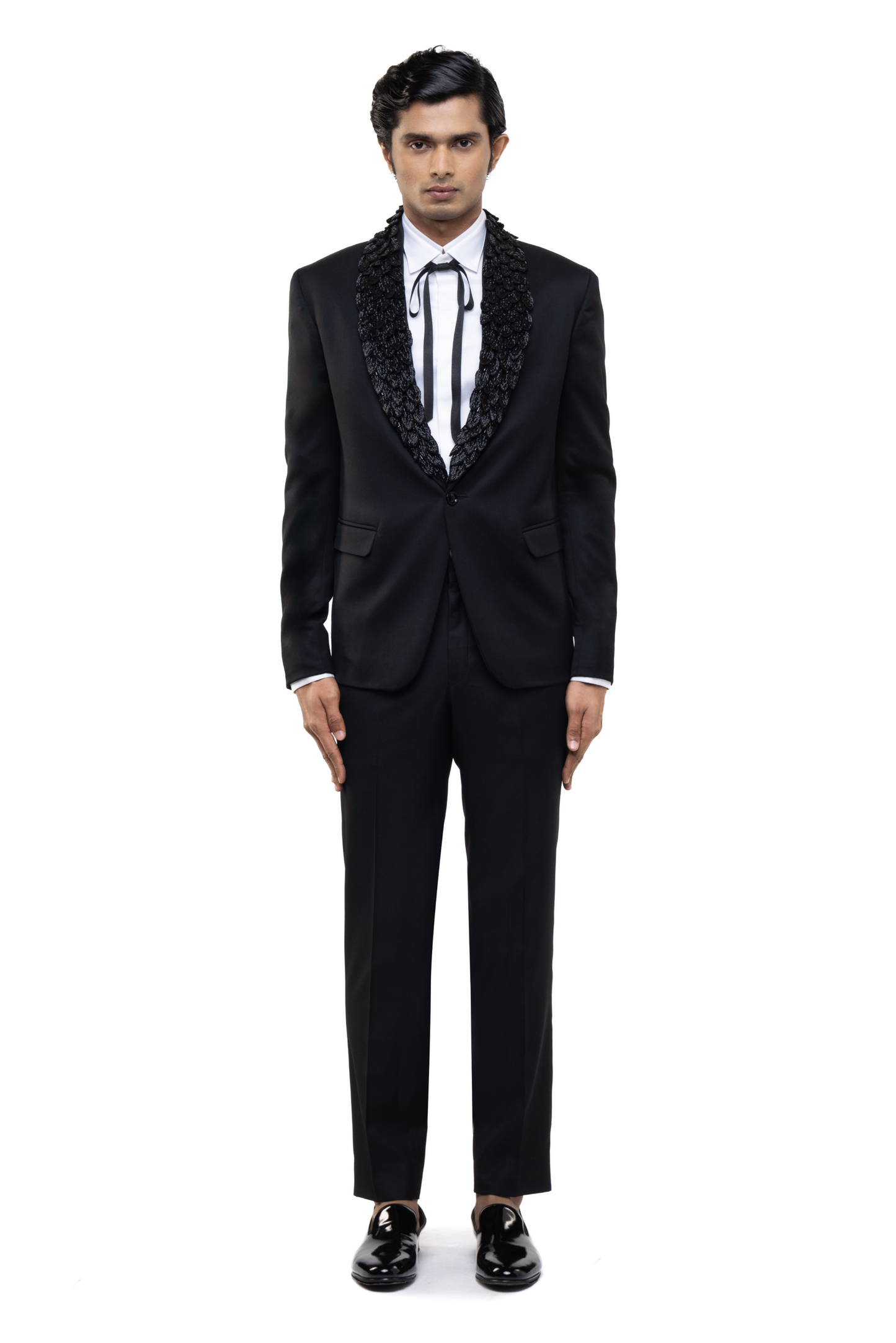 Black Worsted Wool Feather Lapel Embroidered Tuxedo Set