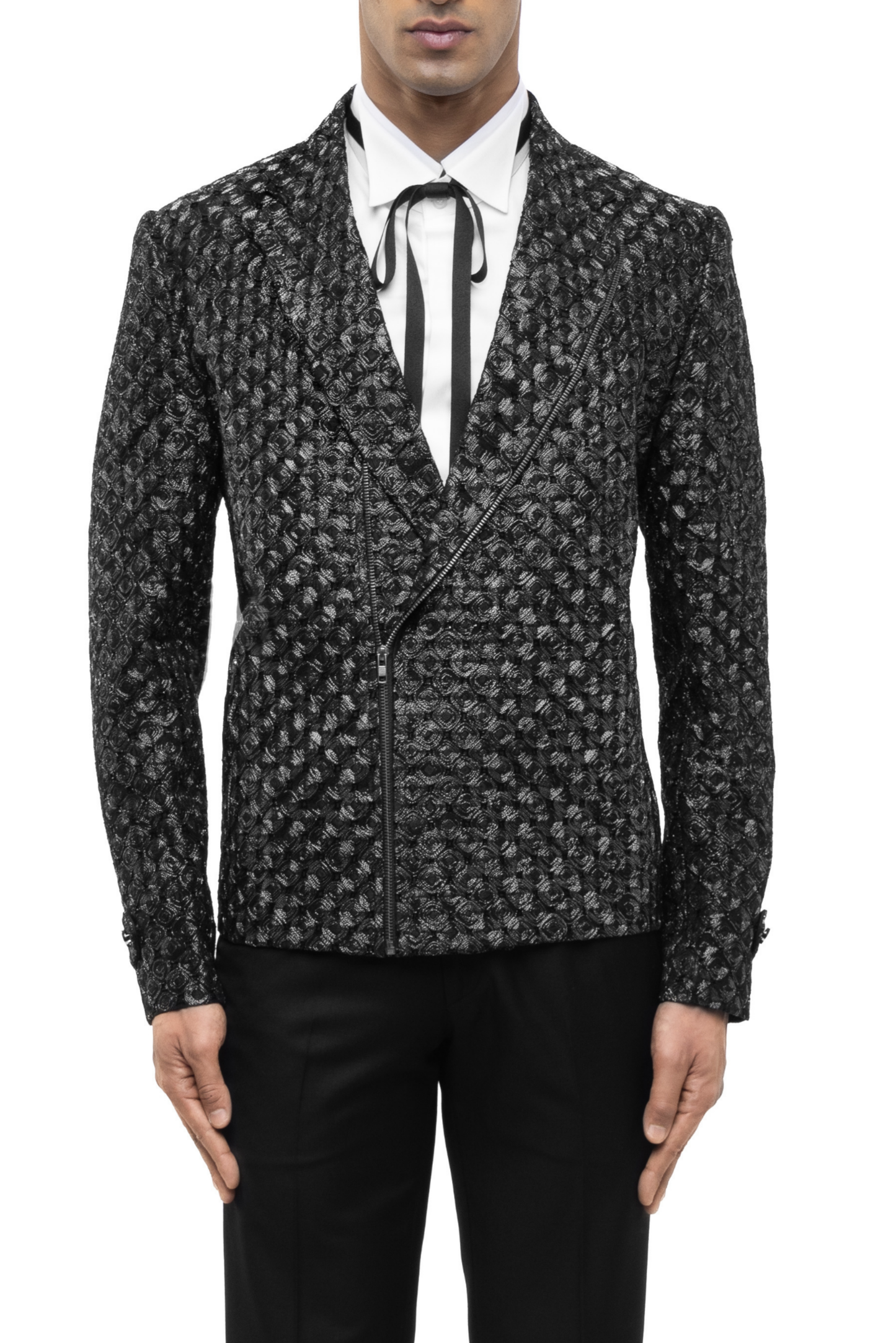 Black Silk Hand Embroidered Biker Jacket