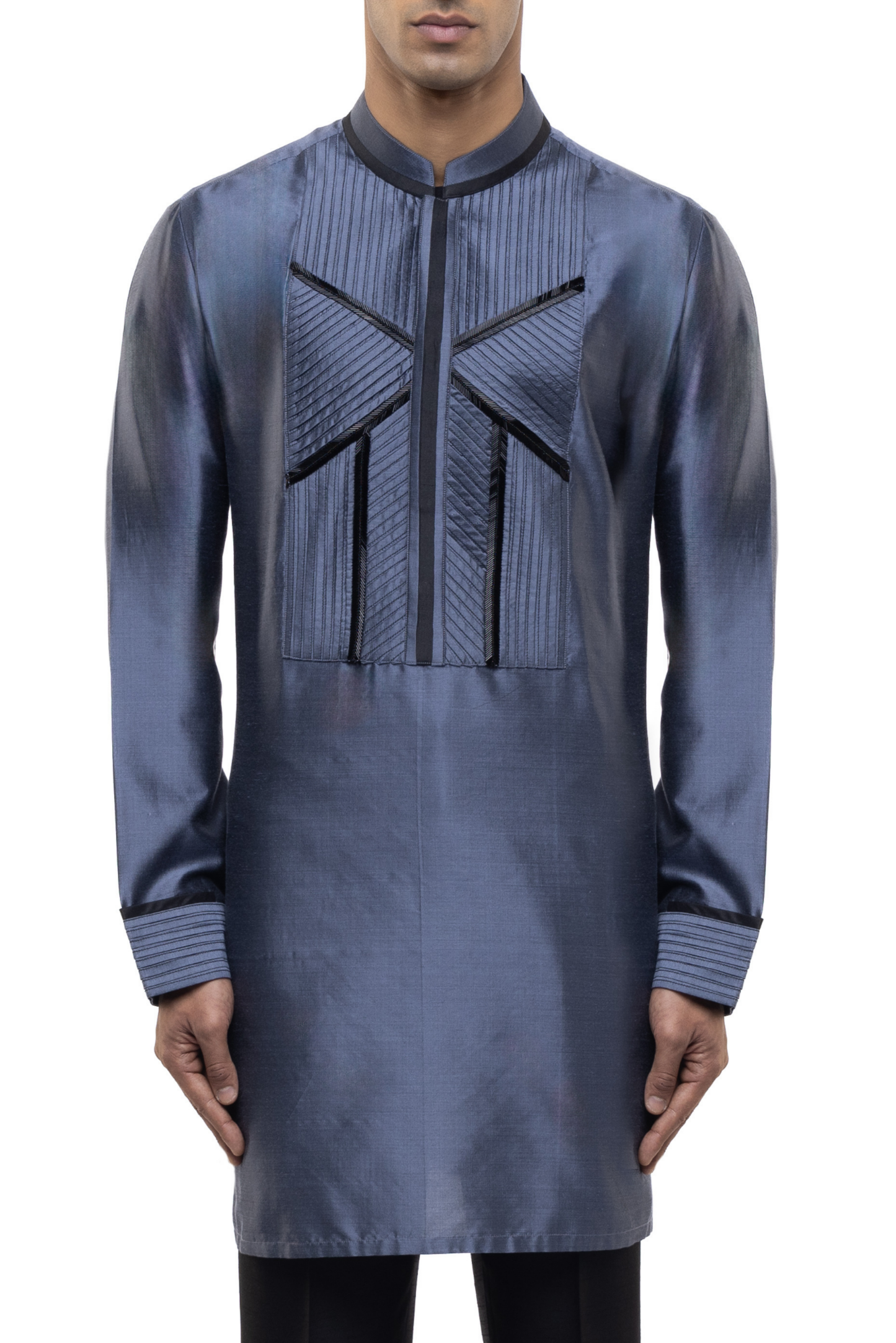 Grey & Black Silk Pleated Accents Kurta Set