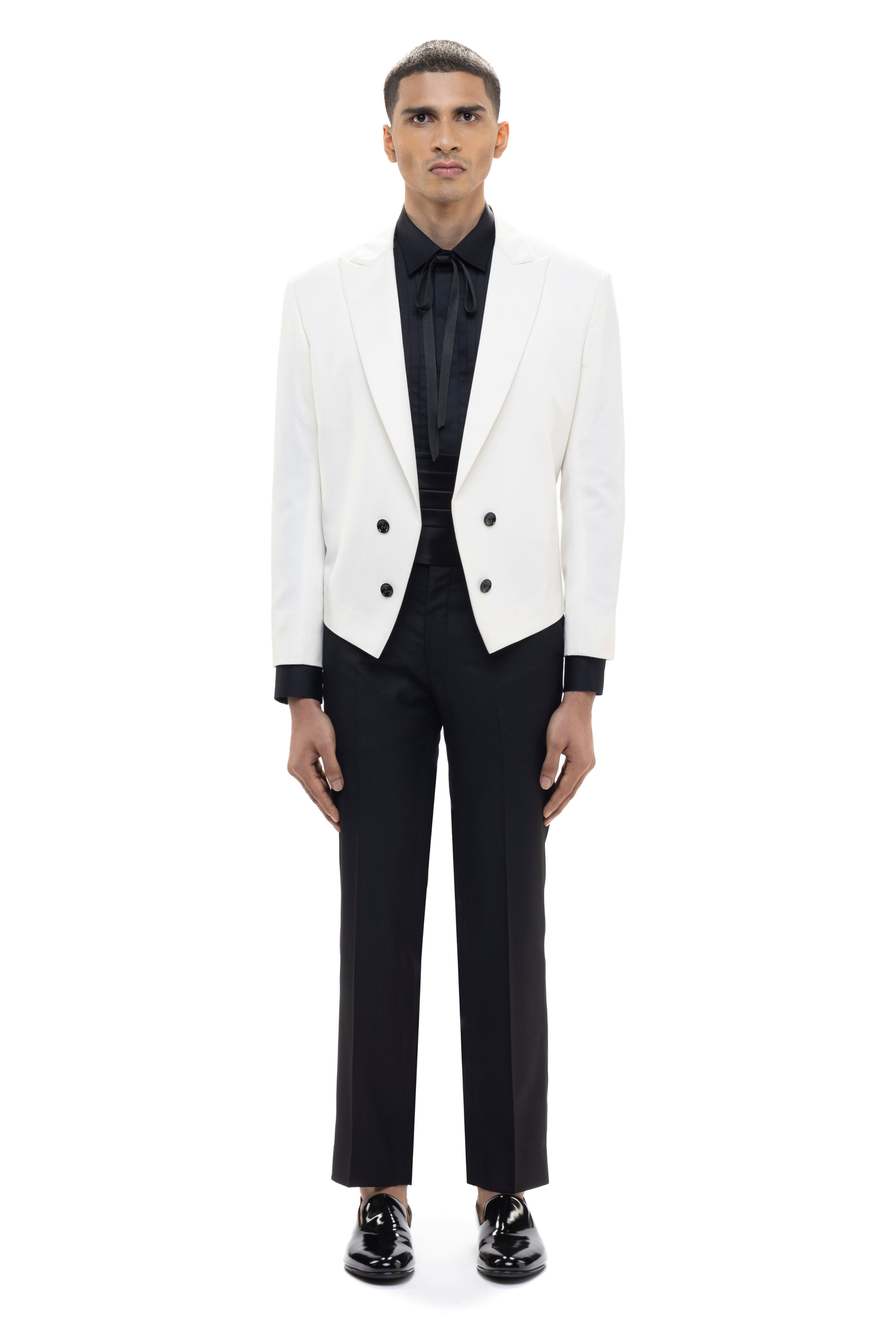 White Worsted Wool Peak Lapel Cropped Tuxedo Set