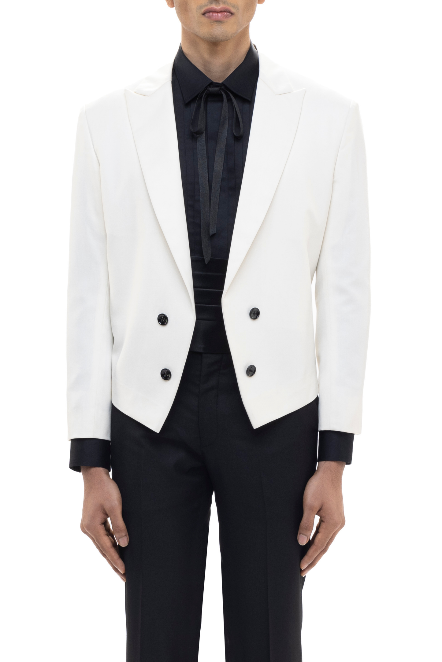 White Worsted Wool Peak Lapel Cropped Tuxedo Set