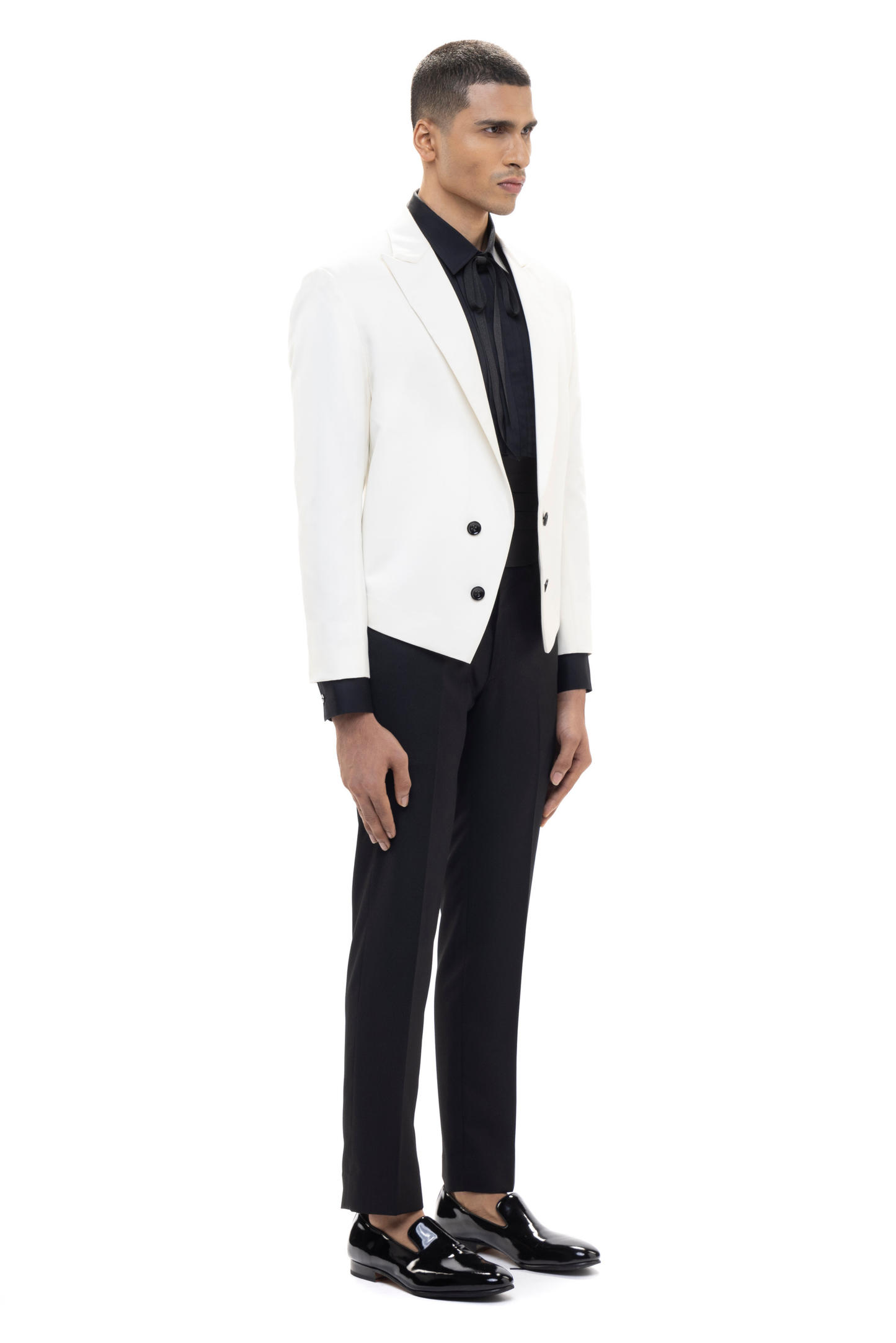 White Worsted Wool Peak Lapel Cropped Tuxedo Set