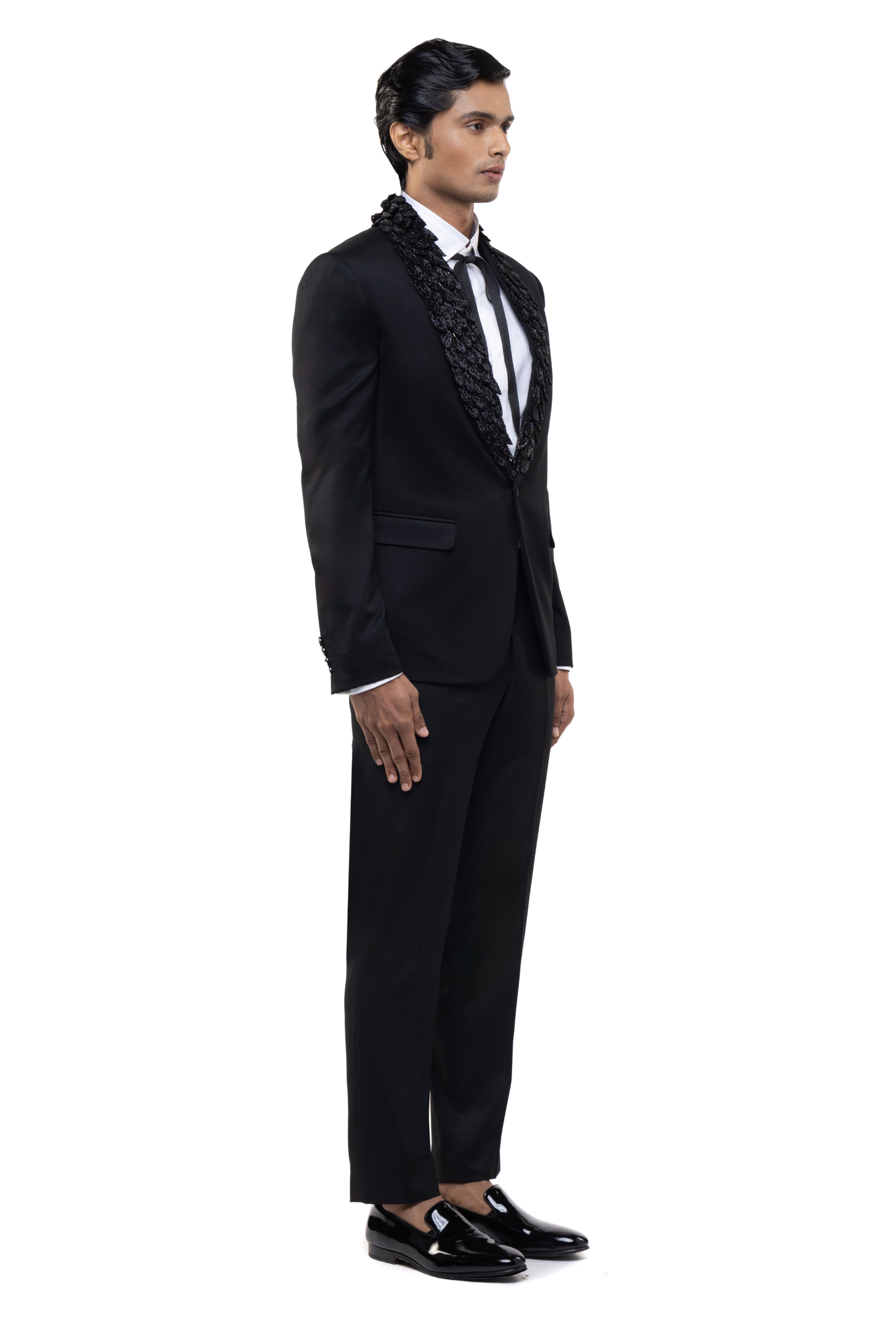 Black Worsted Wool Feather Lapel Embroidered Tuxedo Set