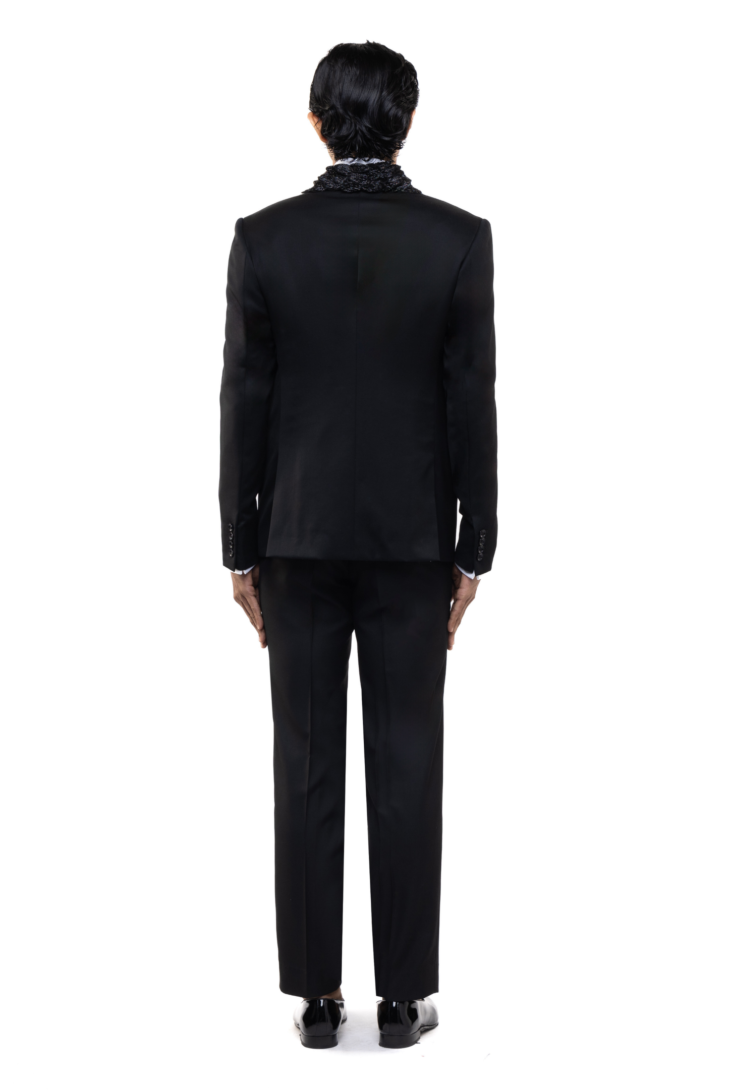 Black Worsted Wool Feather Lapel Embroidered Tuxedo Set