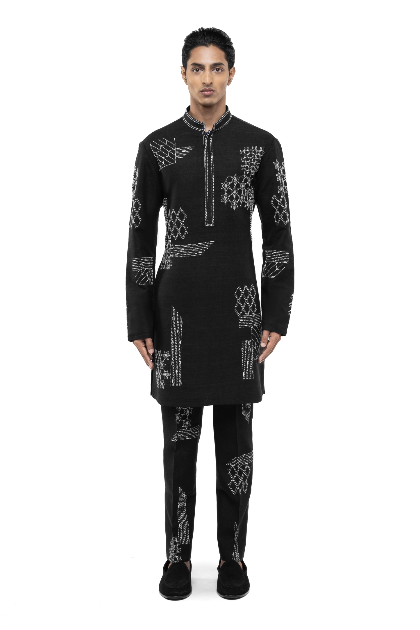 Black & White Linen Thread Embroidered Kurta Set