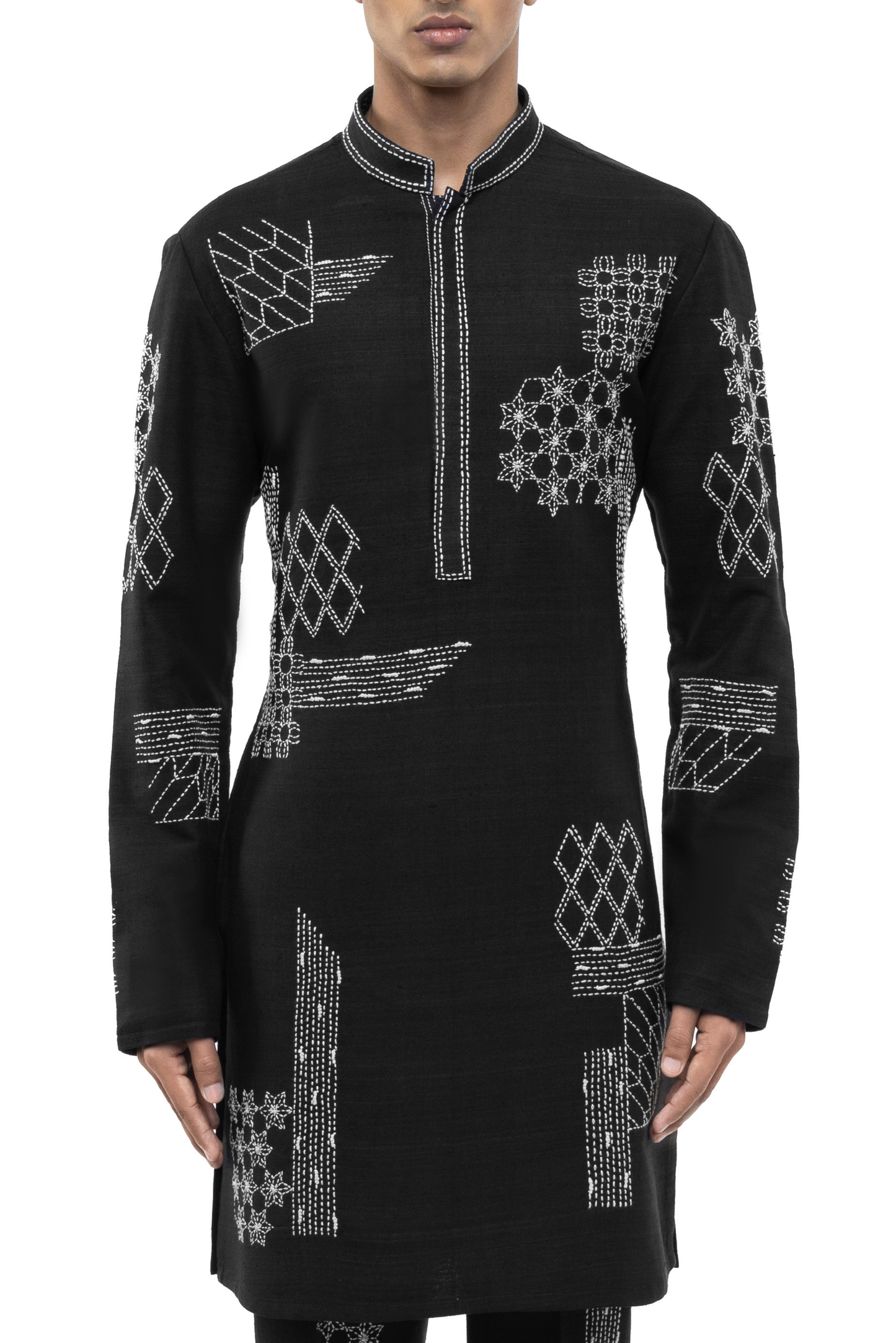 Black & White Linen Thread Embroidered Kurta Set