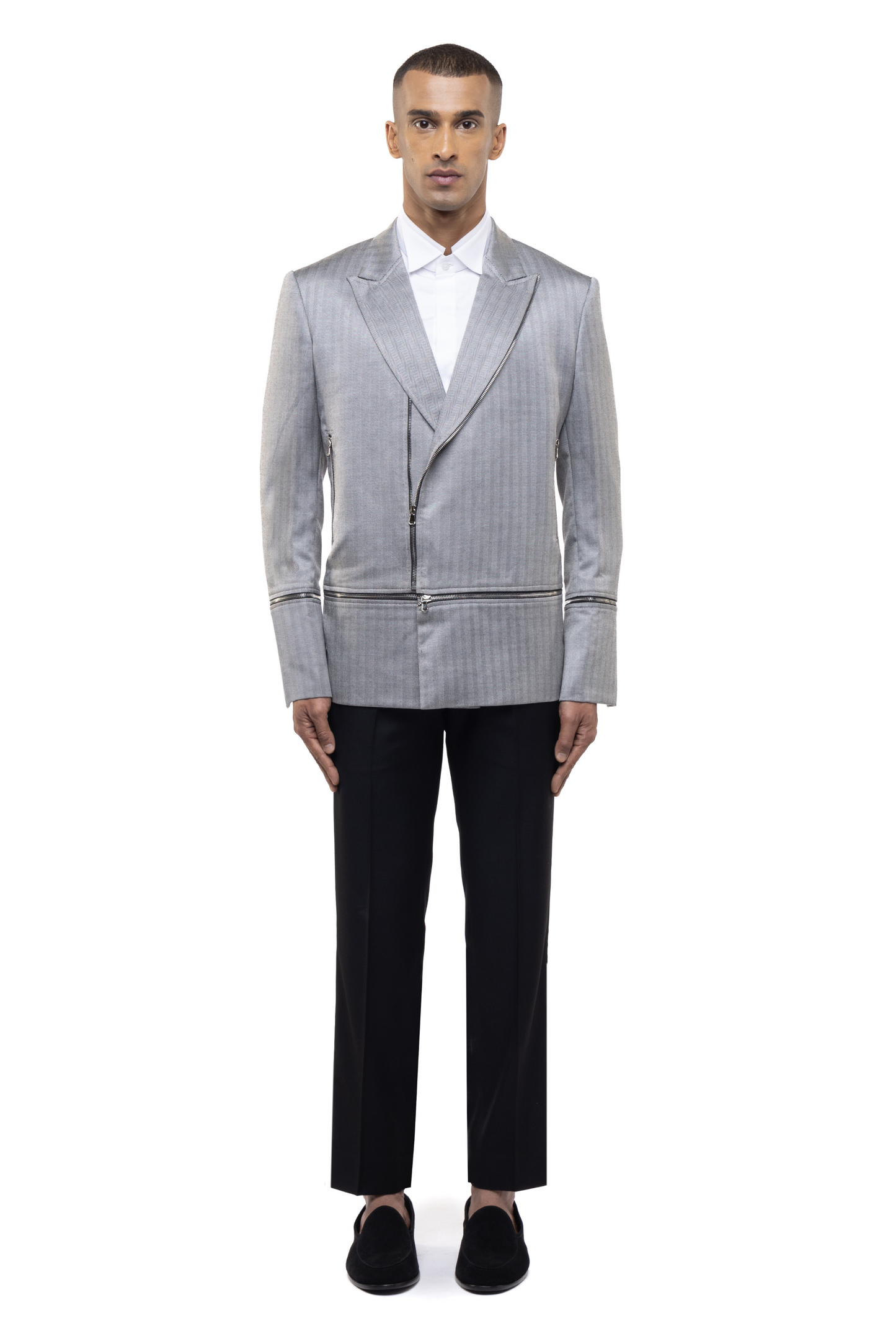 Grey Zipper Worsted Wool Accent Biker Jacket