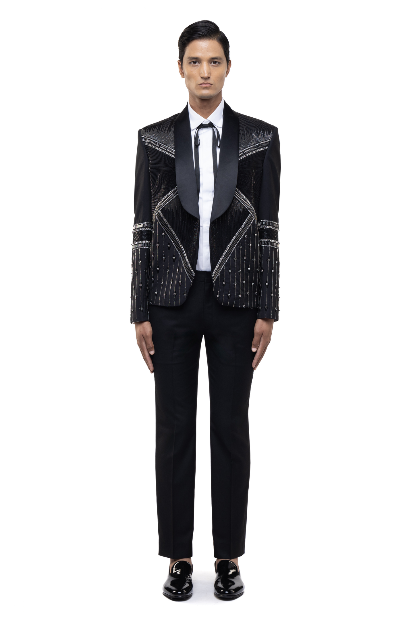 Black & Silver Worsted Wool Rhinestone Embellished Open Shawl Lapel Tuxedo Set