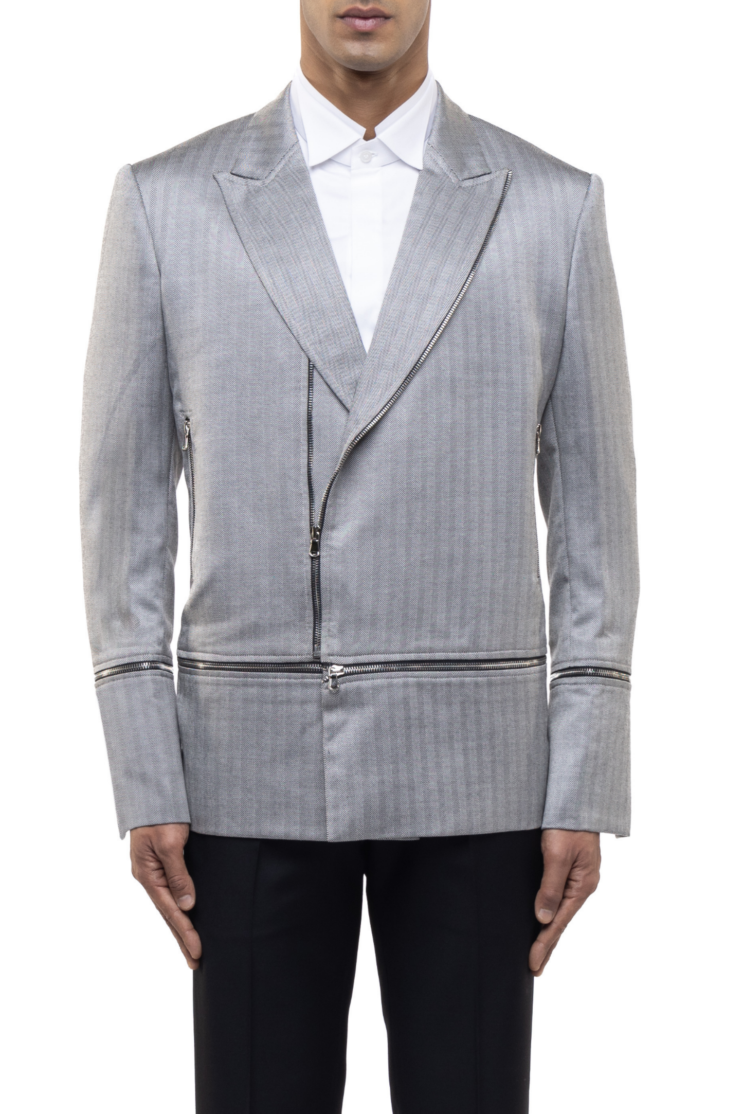 Grey Zipper Worsted Wool Accent Biker Jacket