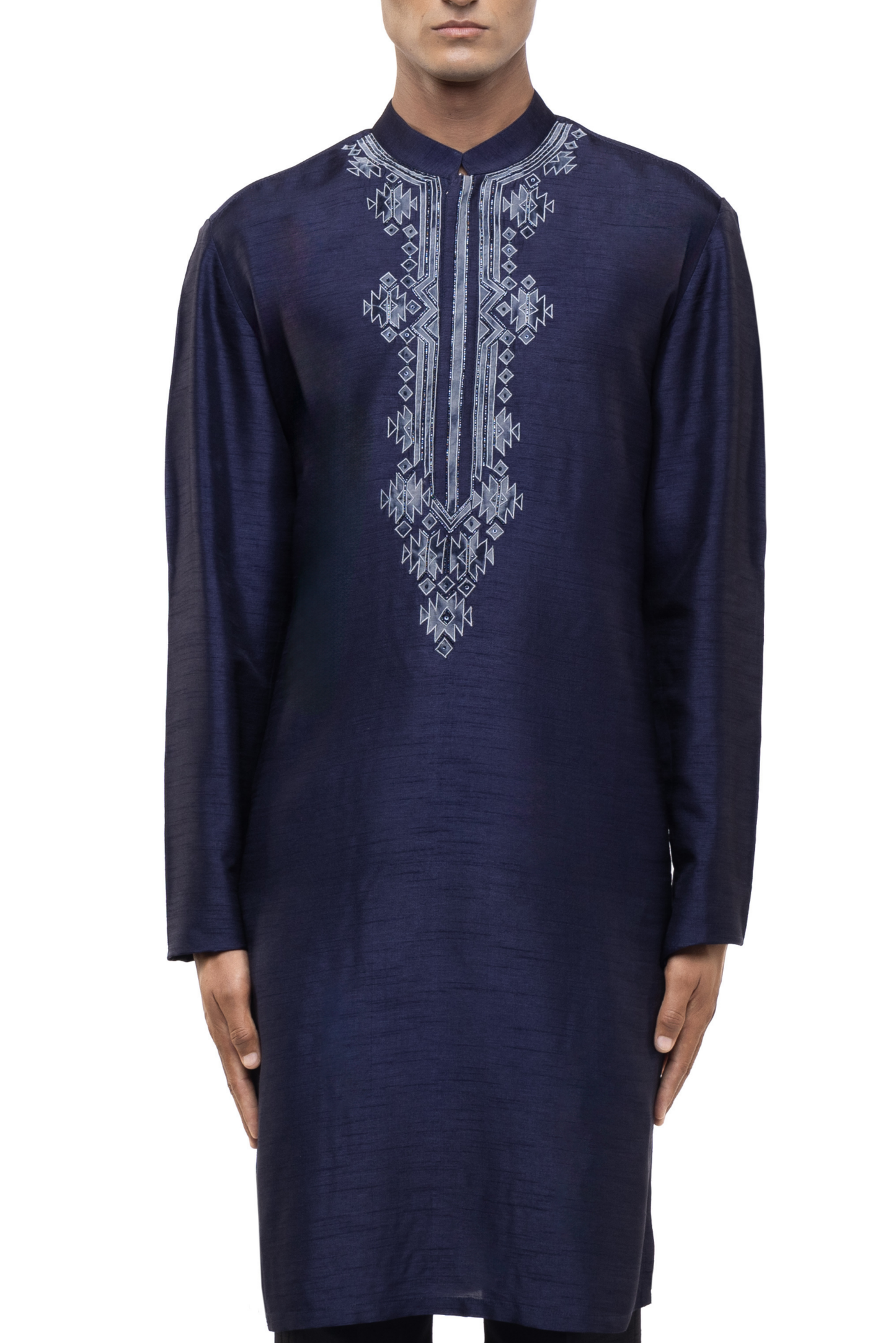 Navy Blue & White Silk Embroidered Kurta Set