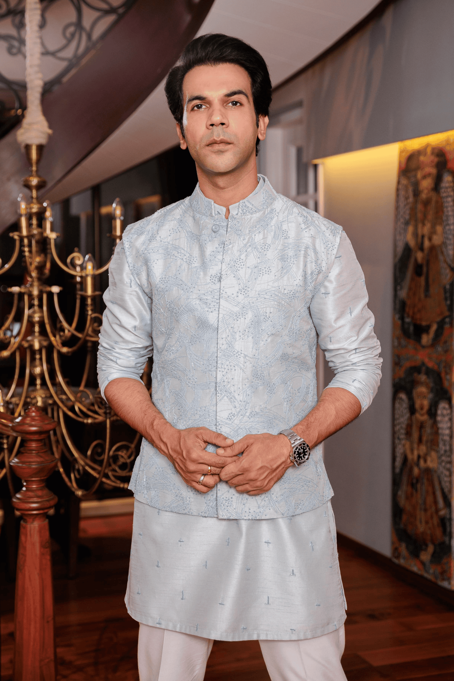 Light Blue Silk Hand Embroidered Kurta-Bandi Set