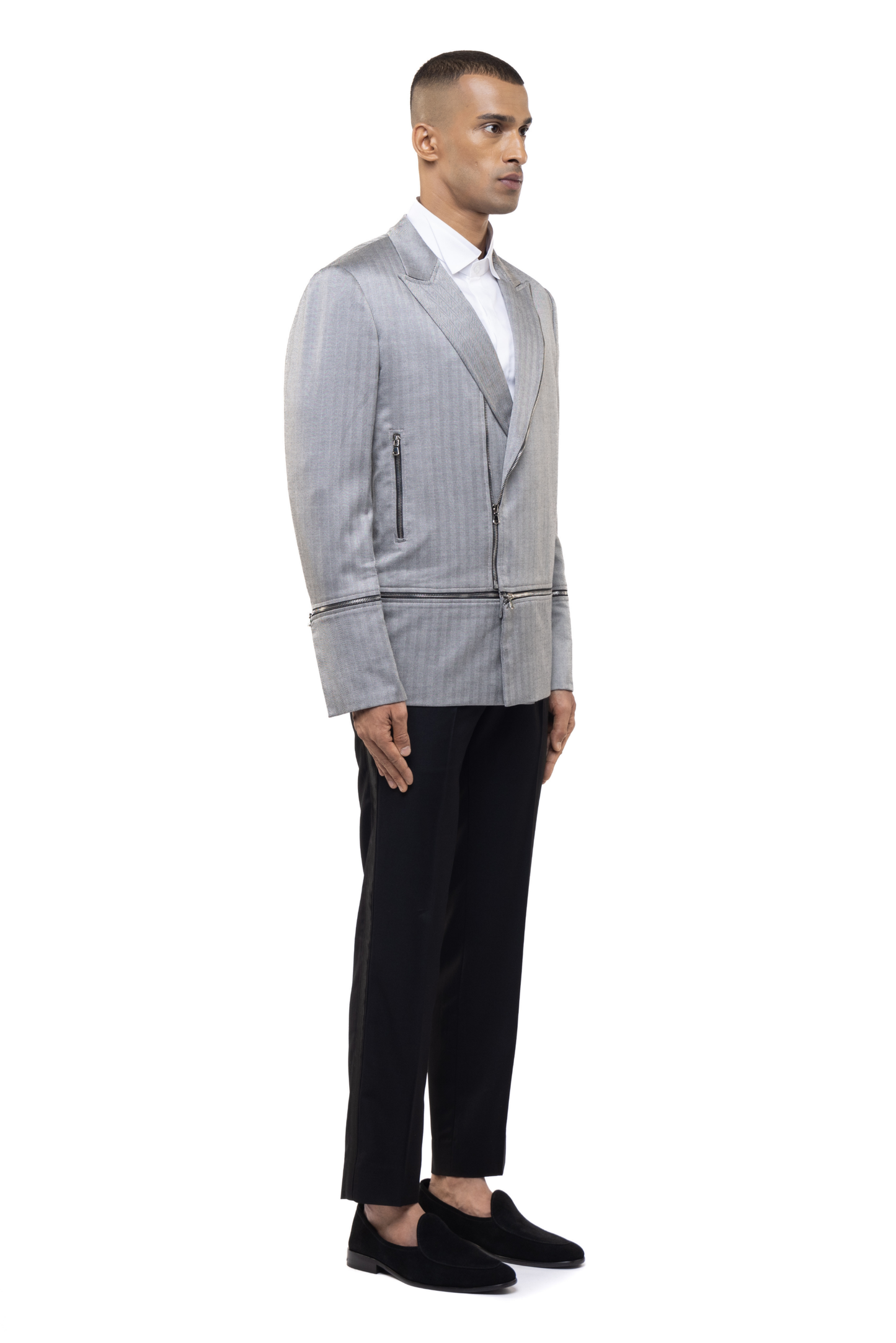 Grey Zipper Worsted Wool Accent Biker Jacket