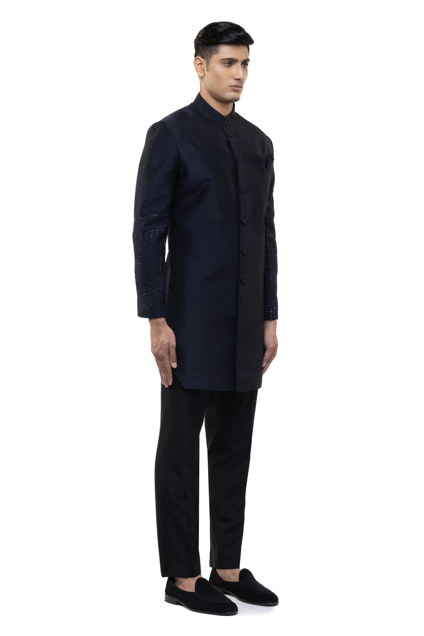 Navy Blue Silk Classic Embroidered Sleeves Sherwani Set