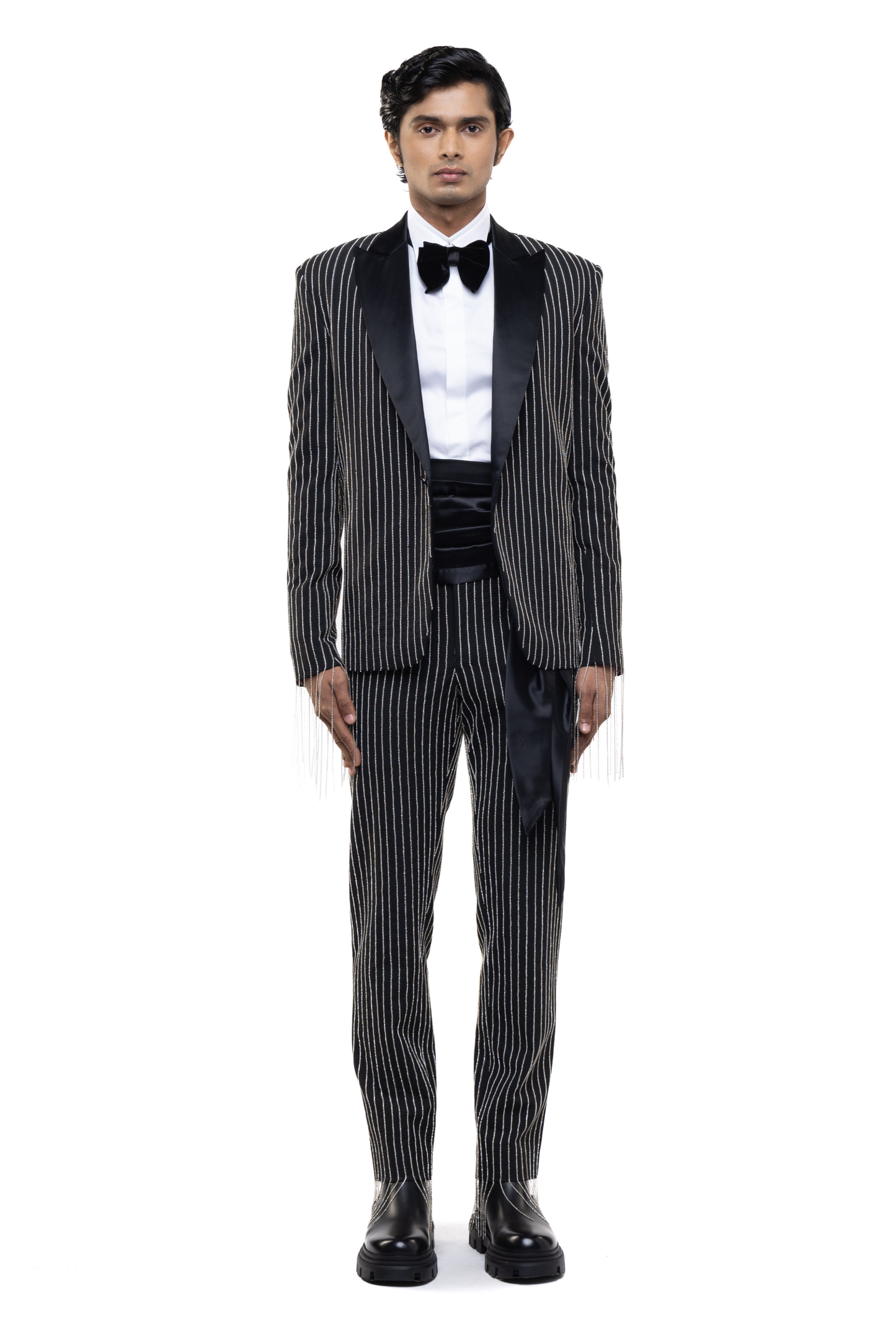 Black & Silver Worsted Wool Rhinestone Embellished Tuxedo Set