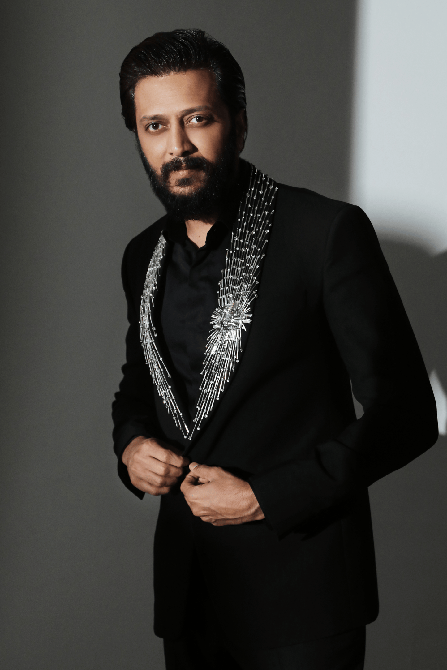 Black Worsted Wool Rhinestone Embellished Shawl Lapel Tuxedo Set
