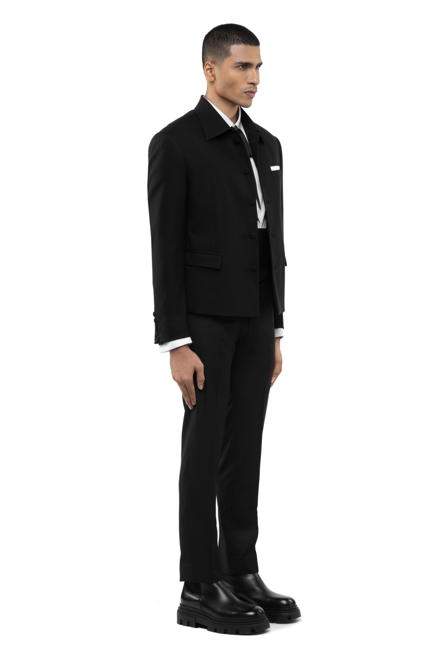 Black Worsted Wool Open Jacket