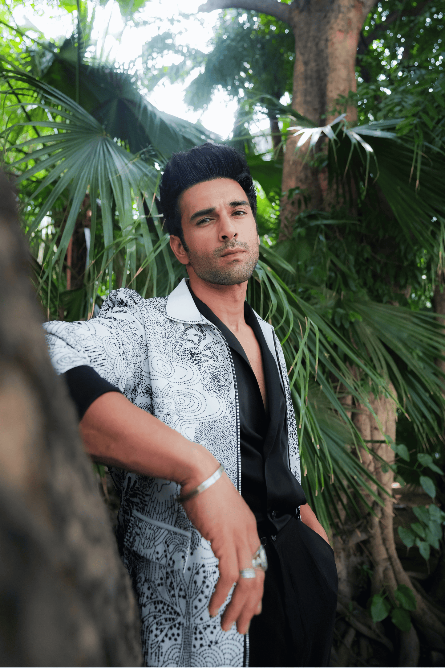 White & Black Worsted Wool Kantha Embroidered Bomber Jacket