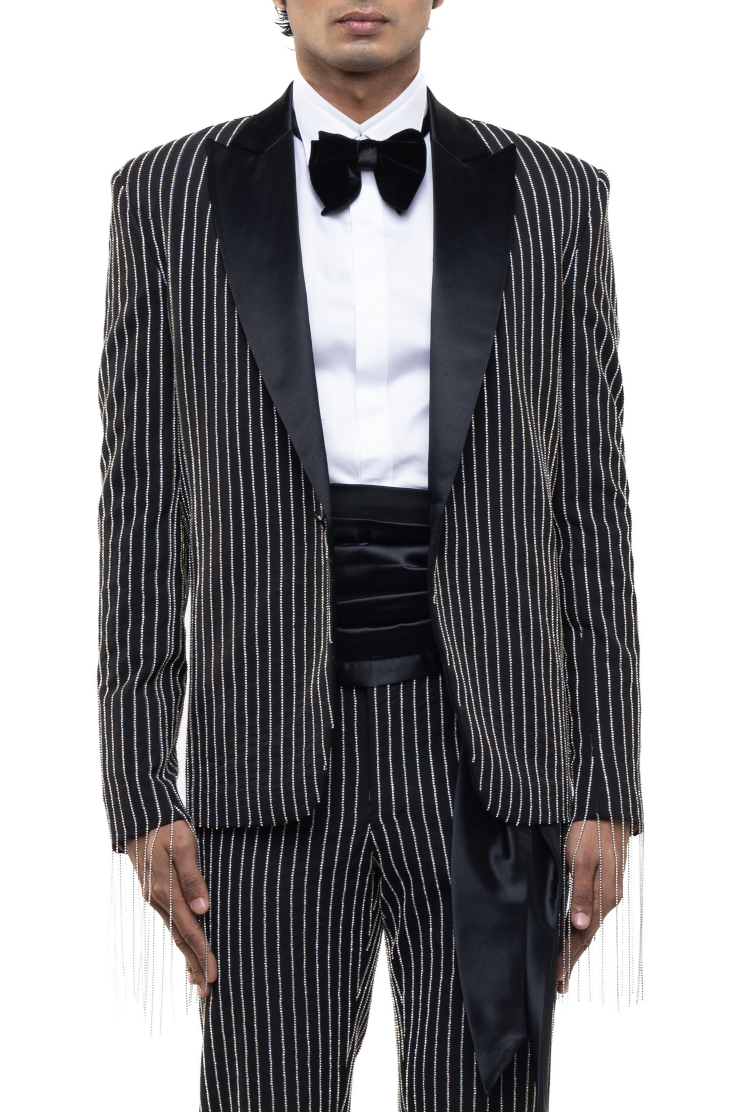 Black & Silver Worsted Wool Rhinestone Embellished Tuxedo Set