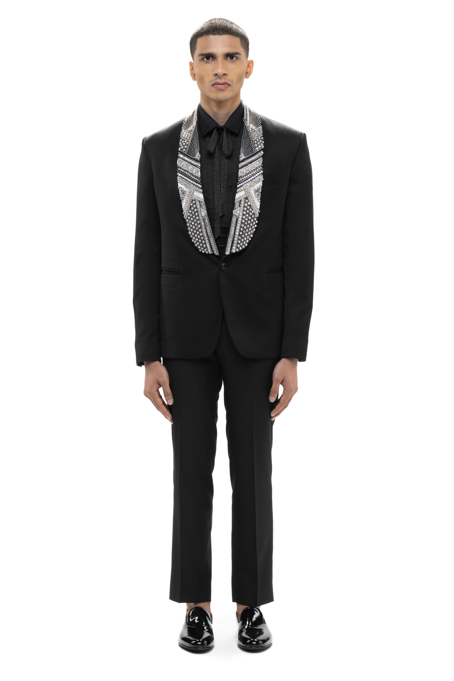 Black Worsted Wool Embellished Shawl Lapel Tuxedo Set