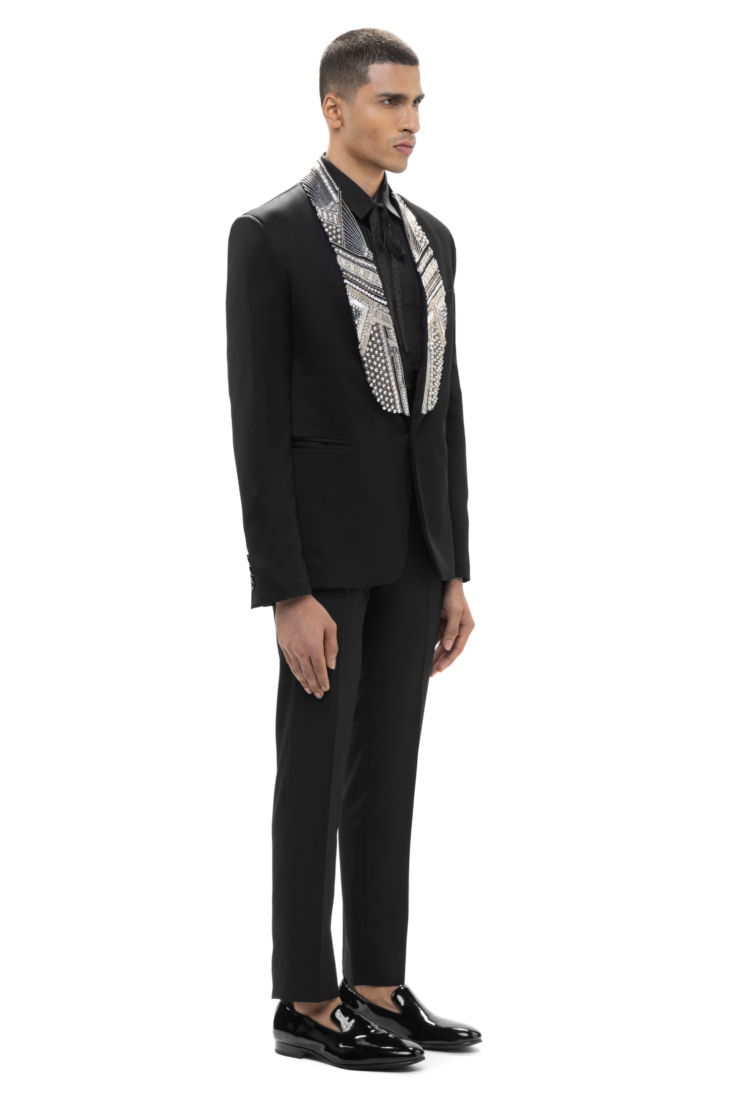 Black Worsted Wool Embellished Shawl Lapel Tuxedo Set
