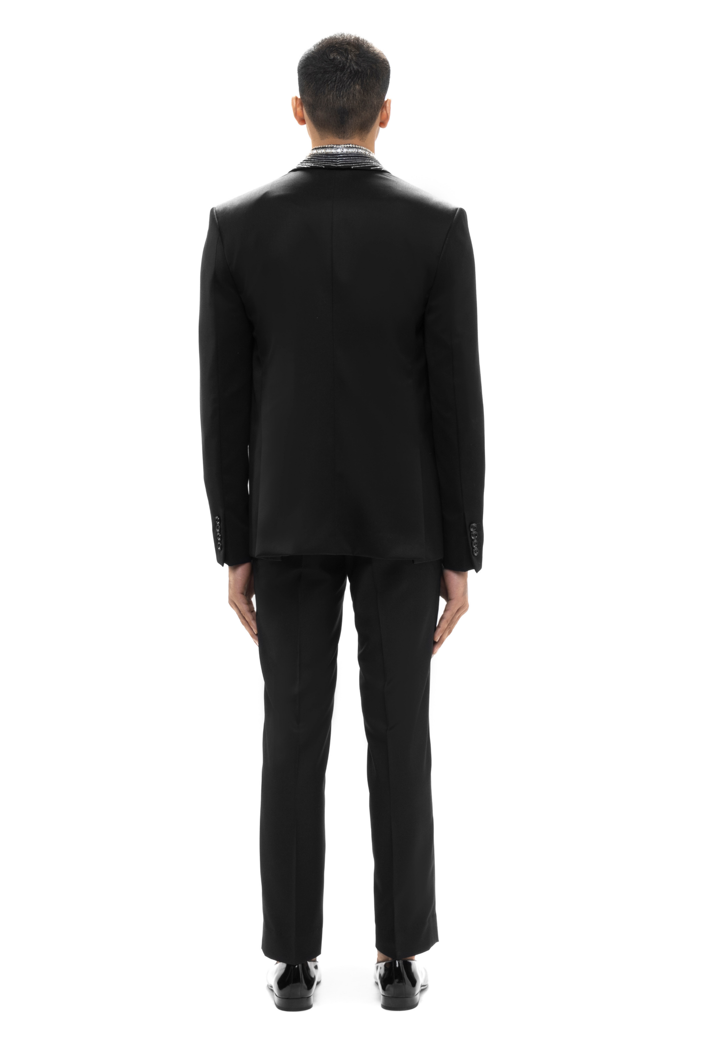 Black Worsted Wool Embellished Shawl Lapel Tuxedo Set