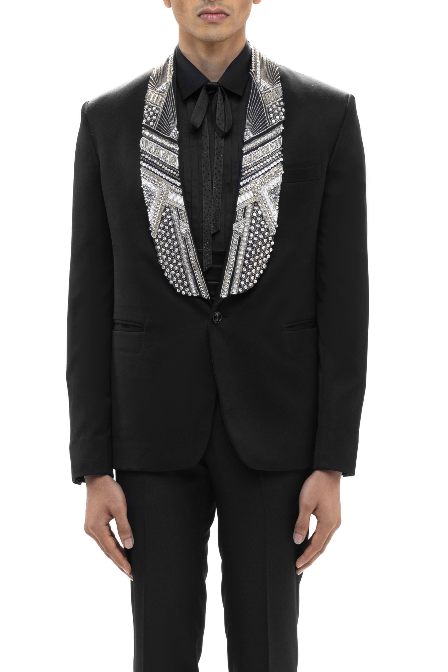 Black Worsted Wool Embellished Shawl Lapel Tuxedo Set