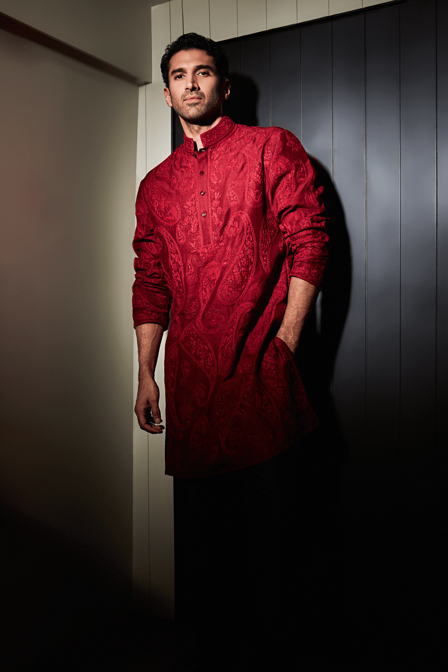 Red Linen Embroidered Kurta Set