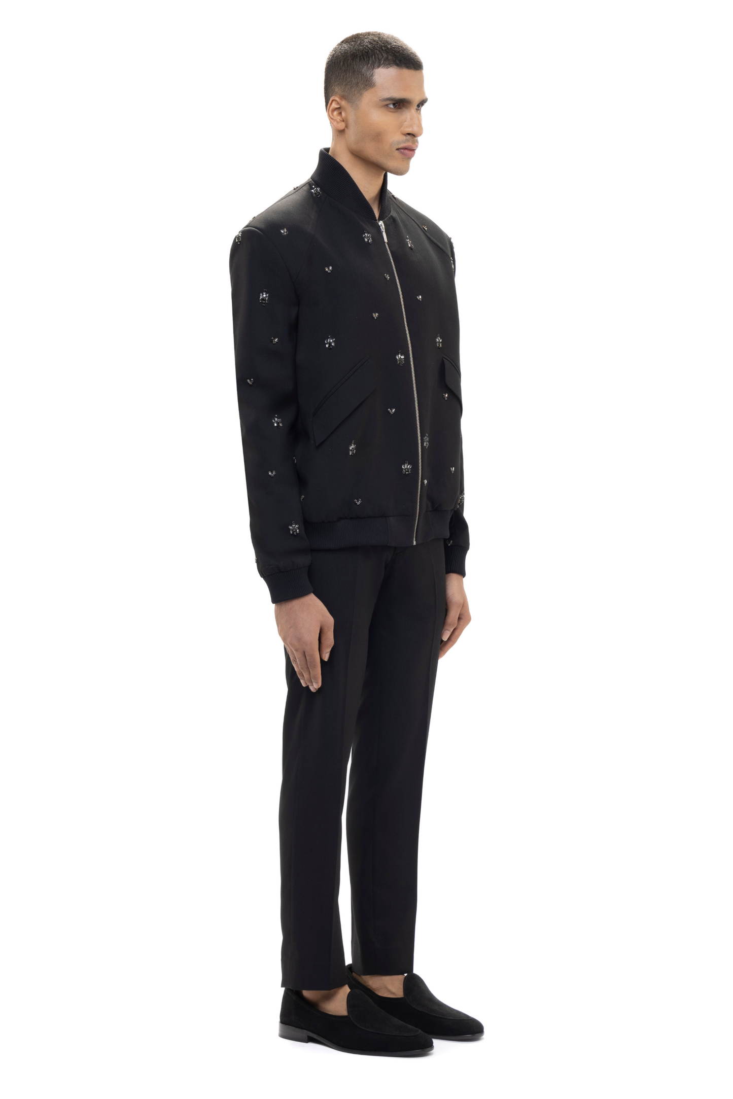 Black Worsted Wool Motifs Embellished Bomber Jacket