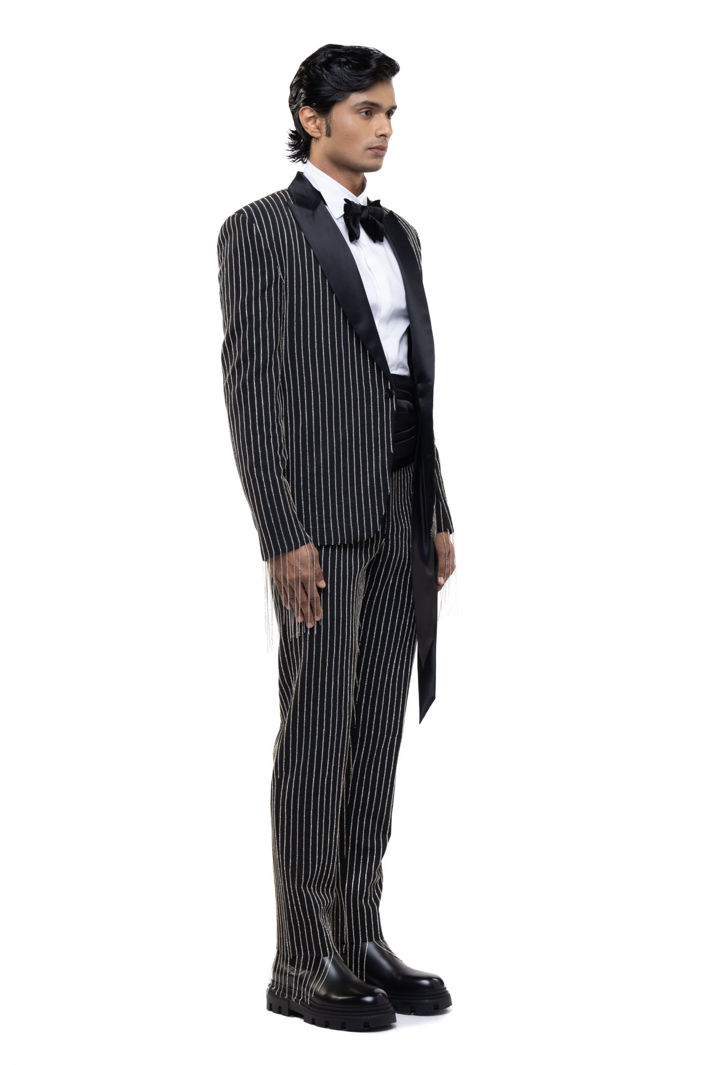 Black & Silver Worsted Wool Rhinestone Embellished Tuxedo Set