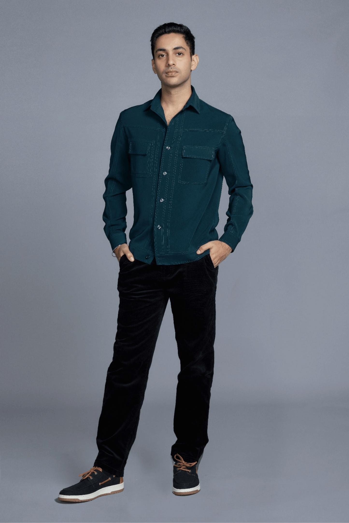 Green Japanese Crepe Stitchline Detail Shacket