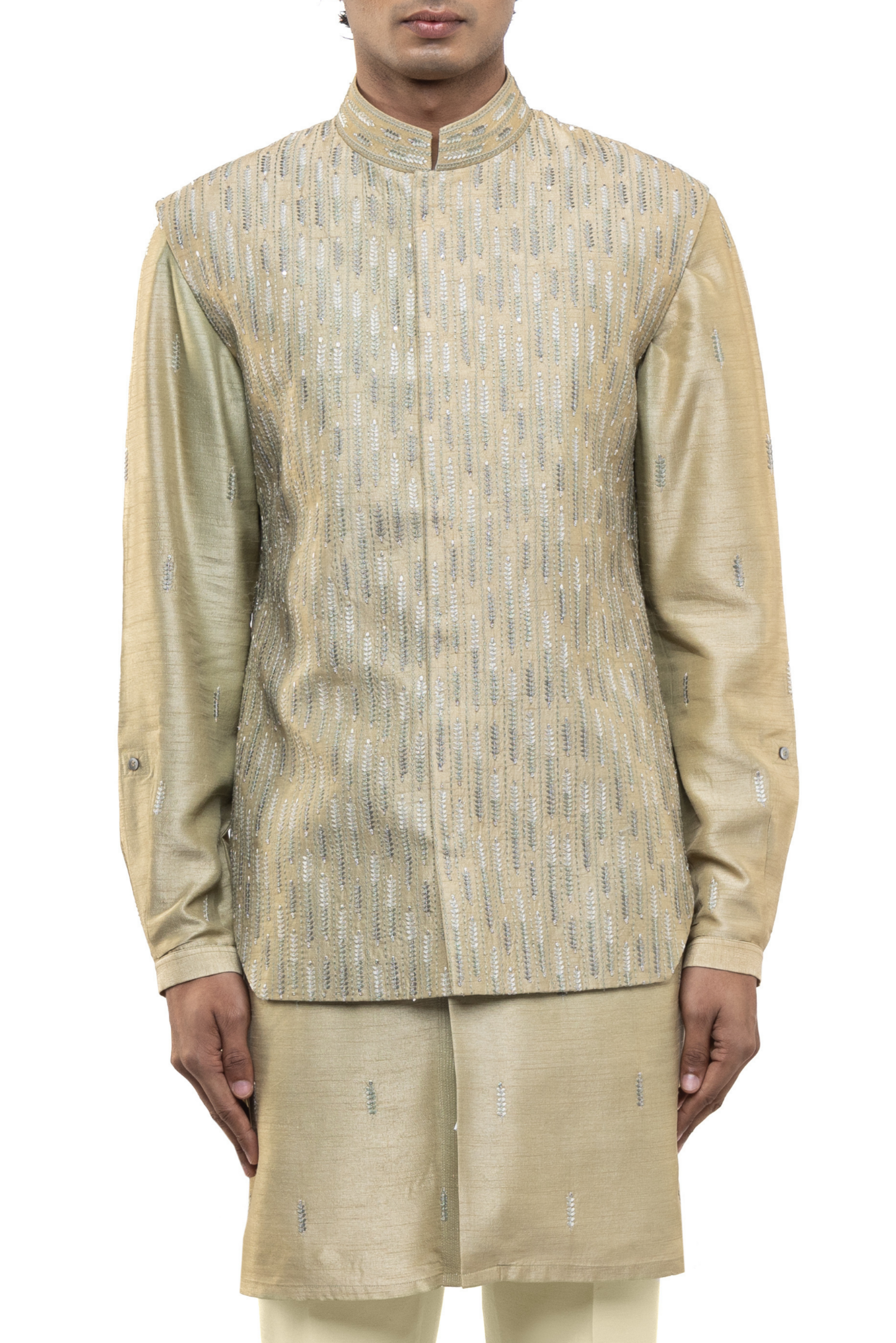 Sage Green Silk Beaded Embroidery Kurta Bandi Set