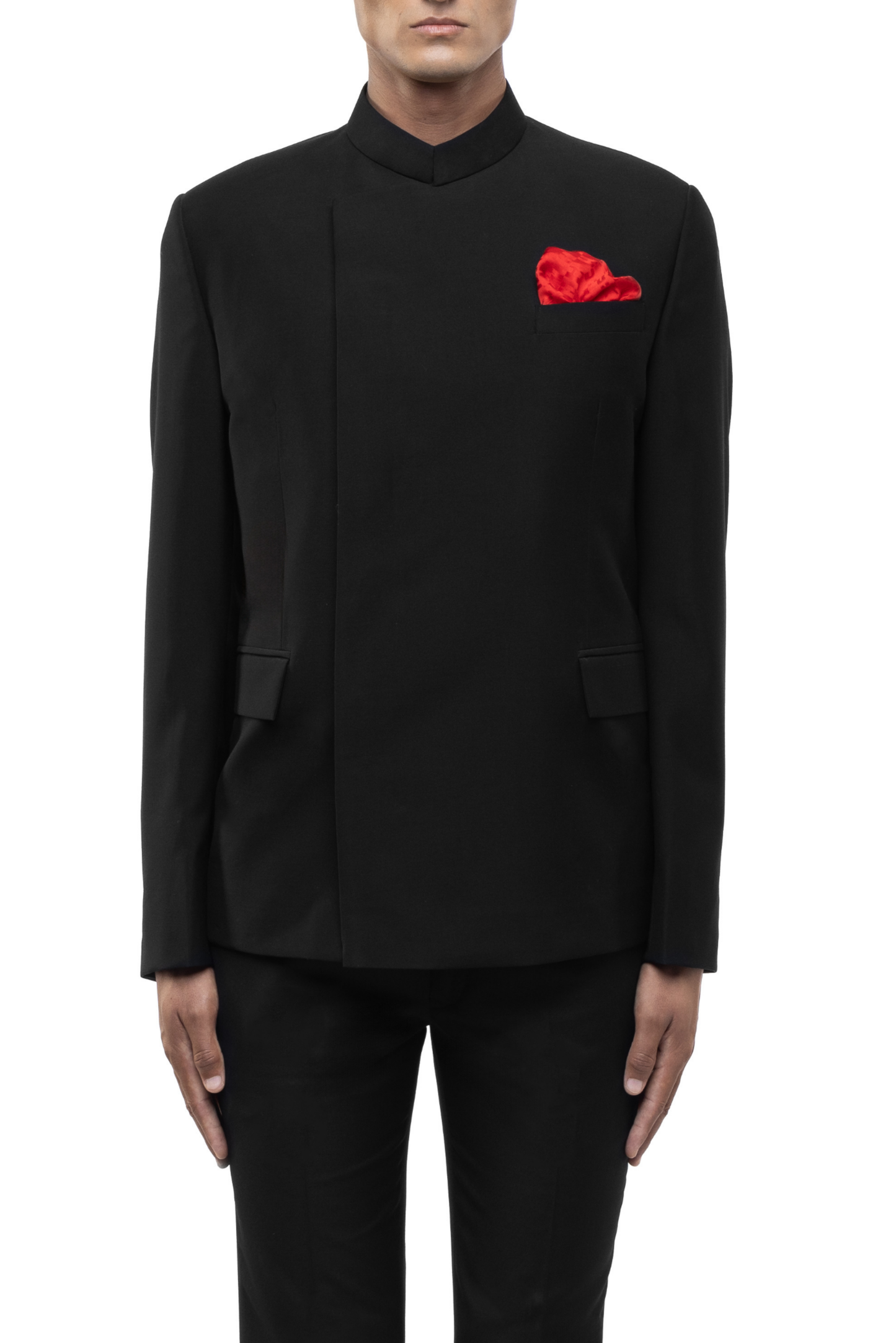 Black Worsted Wool Classic Stand Collar Bandhgala Set