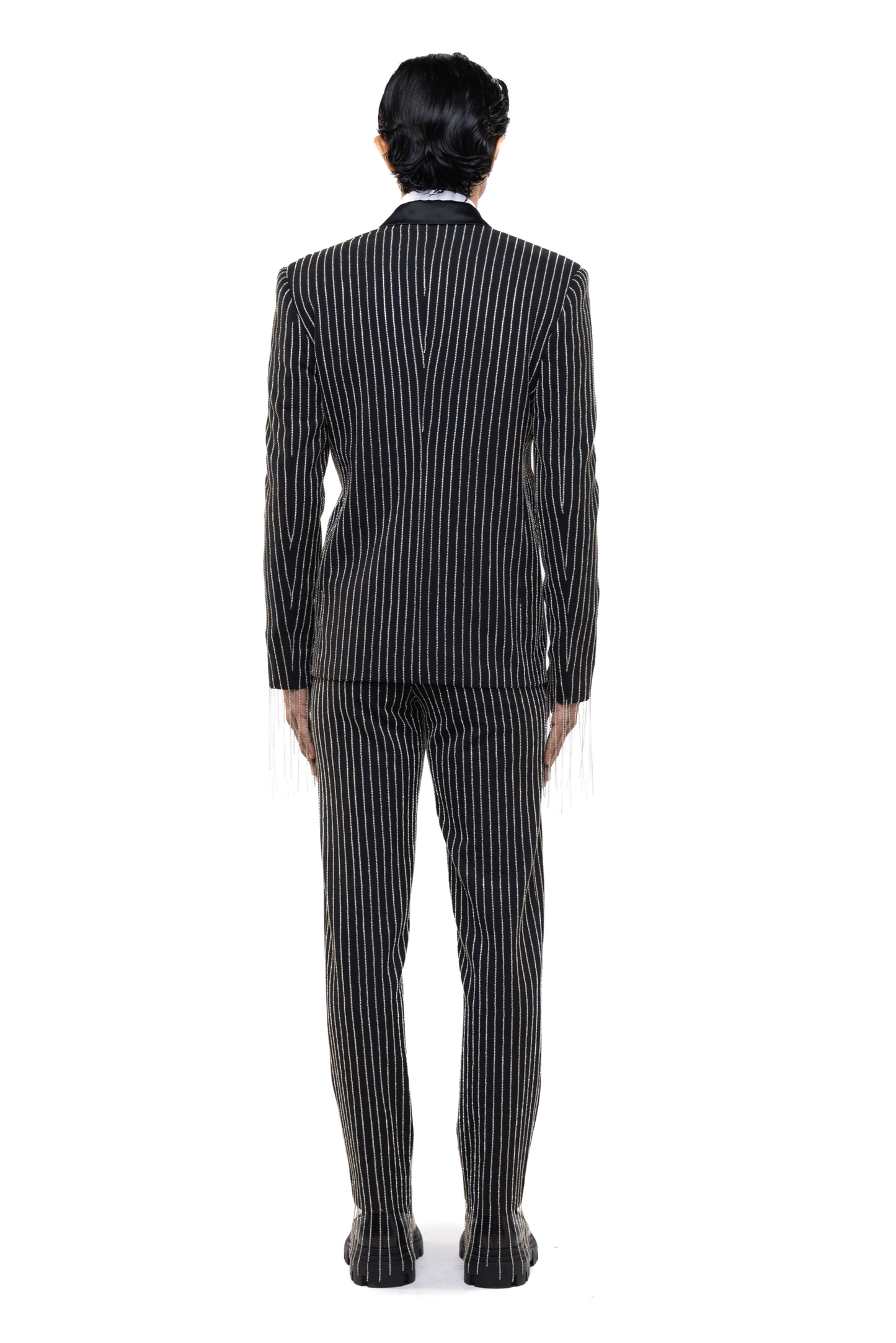Black & Silver Worsted Wool Rhinestone Embellished Tuxedo Set
