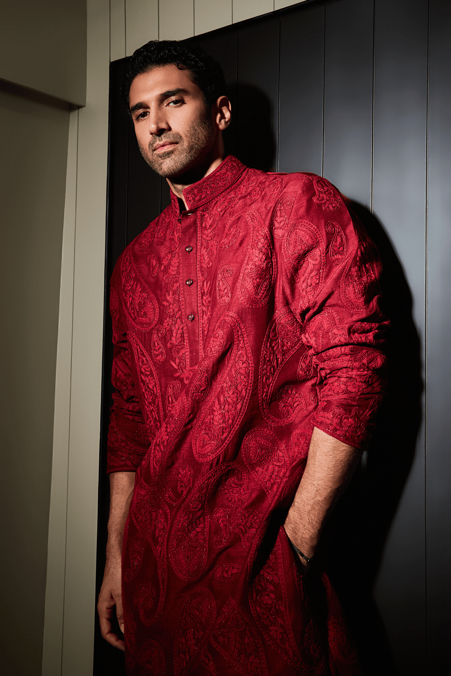 Red Linen Embroidered Kurta Set