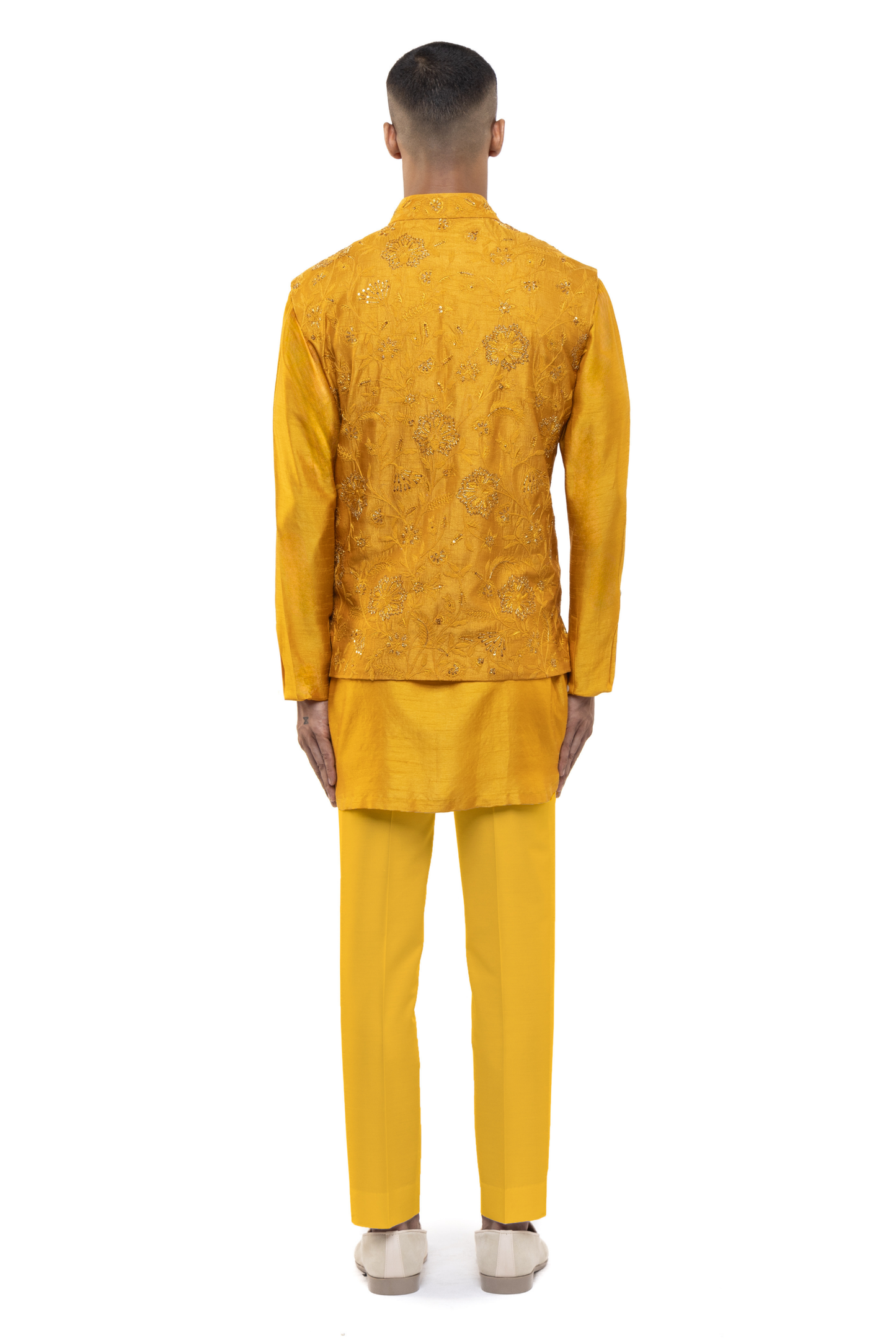 Yellow Georgette Floral Embroidery Kurta Bandi Set