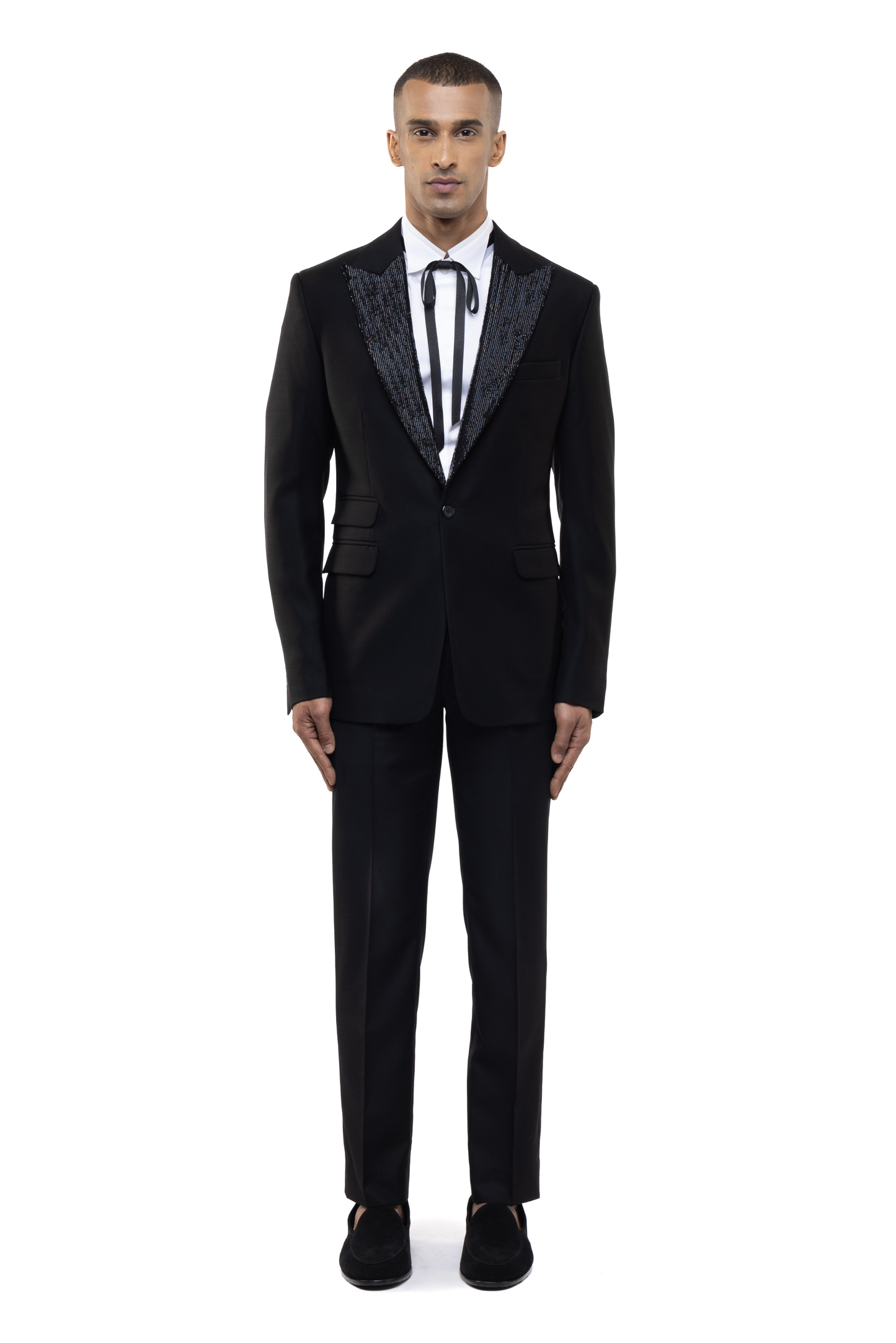 Black Worsted Wool Peak Lapel Beaded Accent Tuxedo Set
