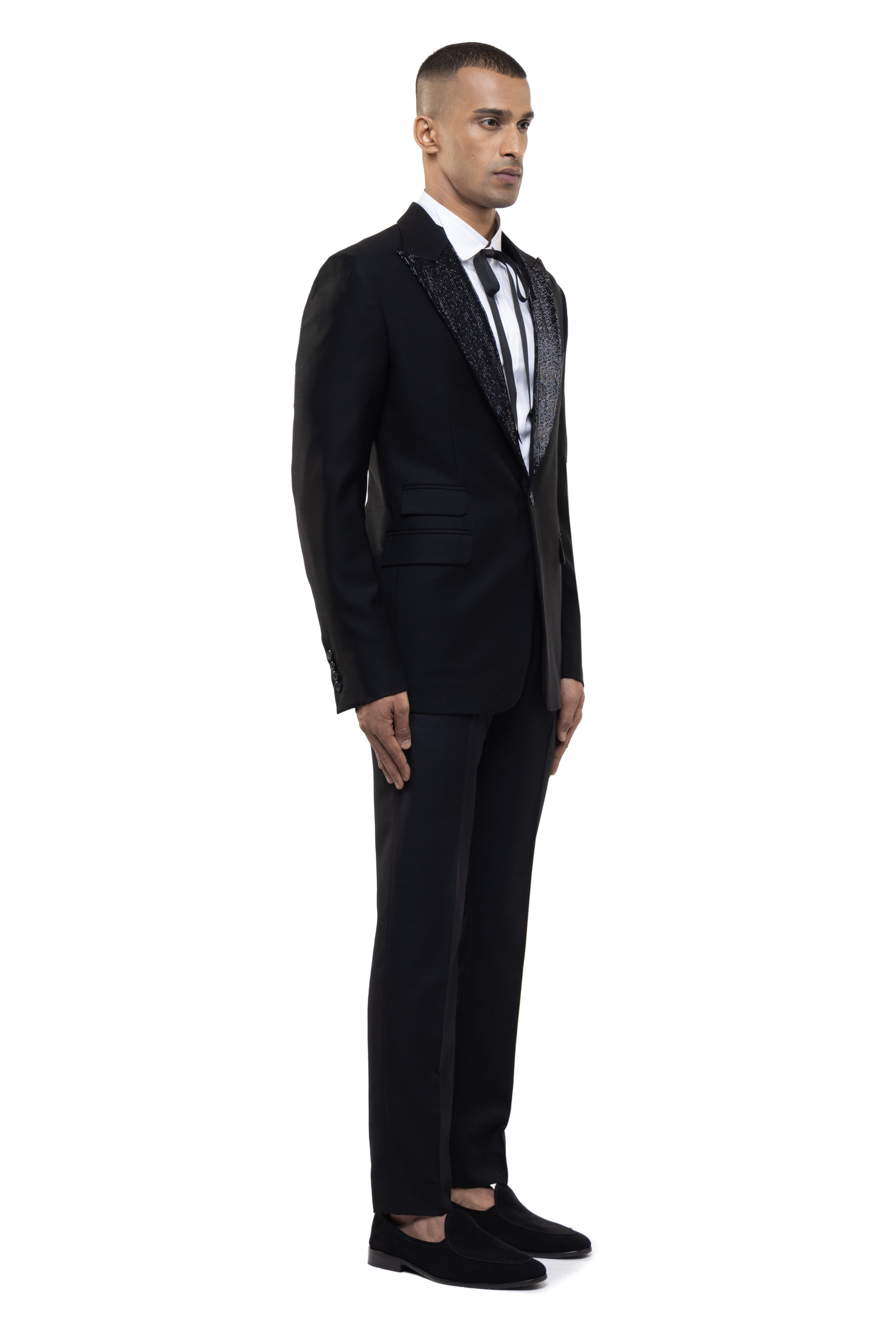 Black Worsted Wool Peak Lapel Beaded Accent Tuxedo Set