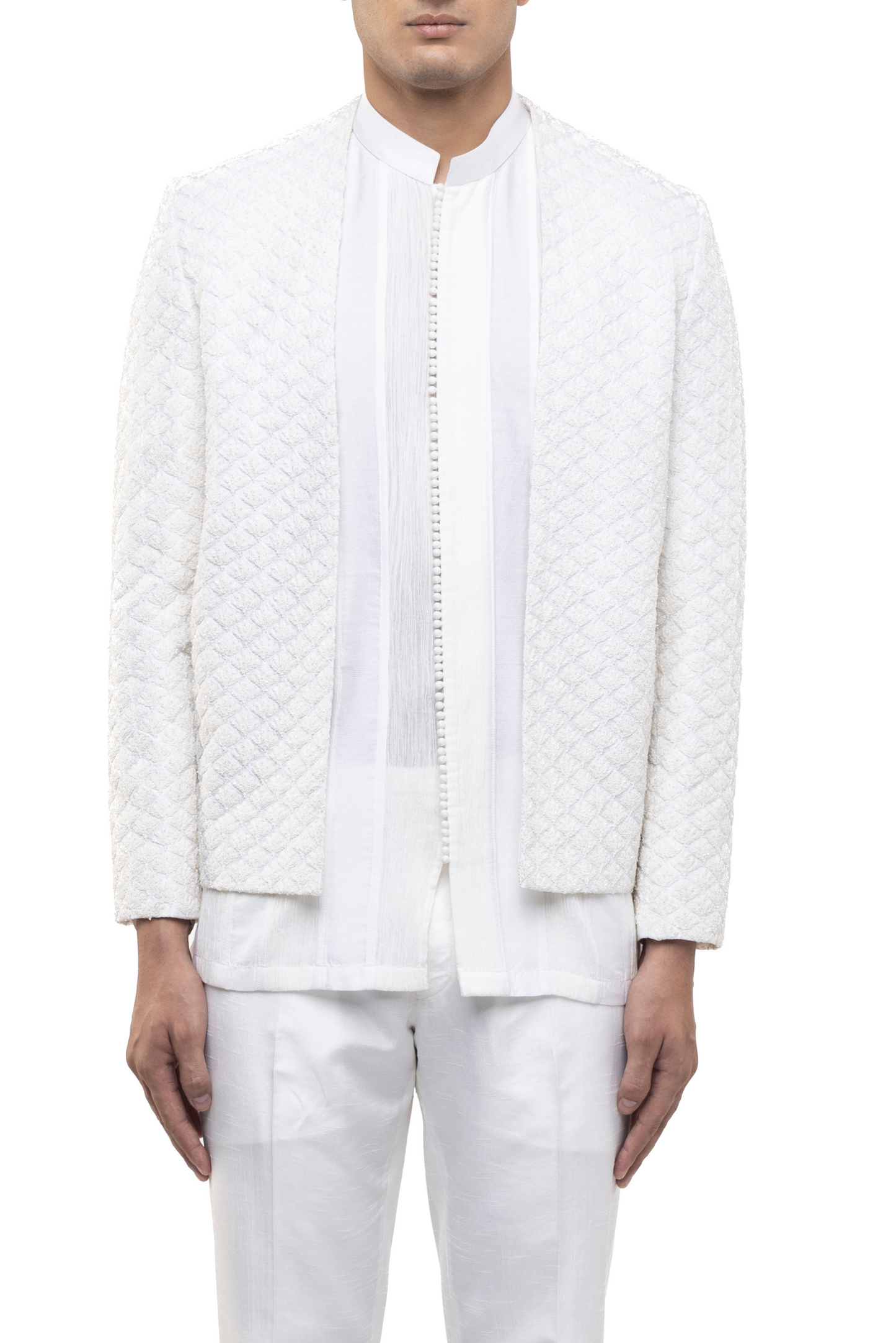 White Silk Hand Embroidered Open Bandhgala Set