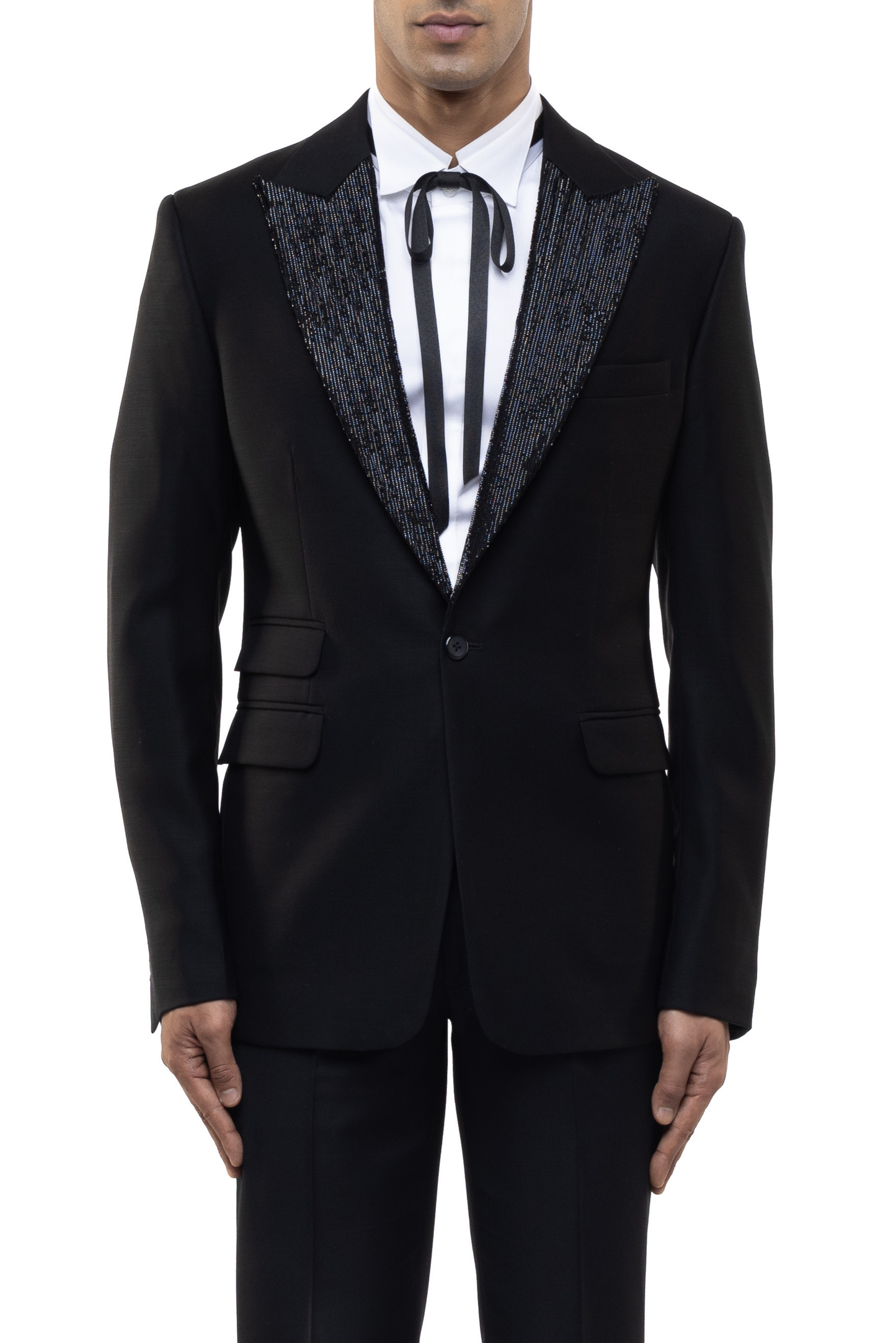 Black Worsted Wool Peak Lapel Beaded Accent Tuxedo Set