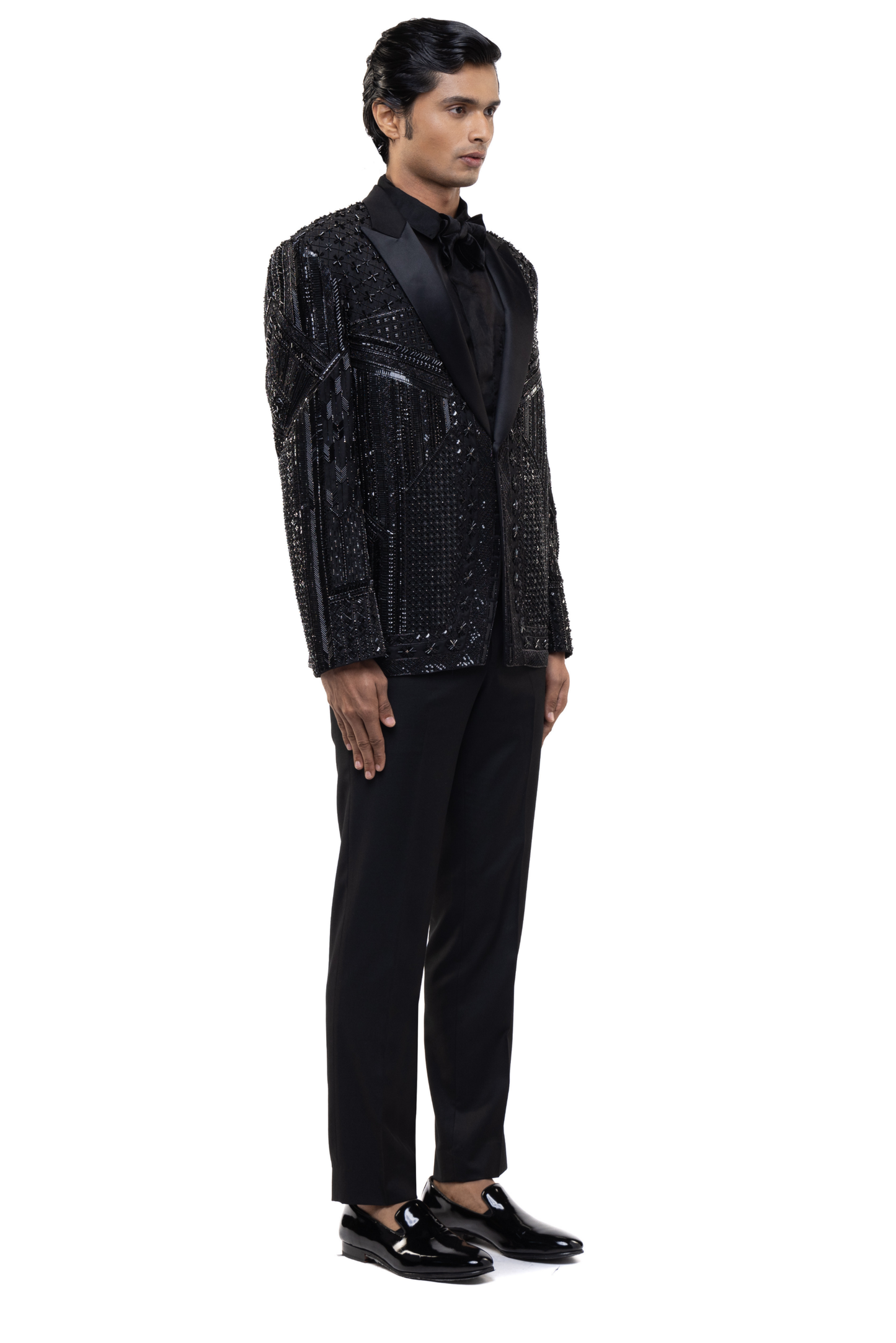 Black Silk Embroidered Art Deco Tuxedo Set