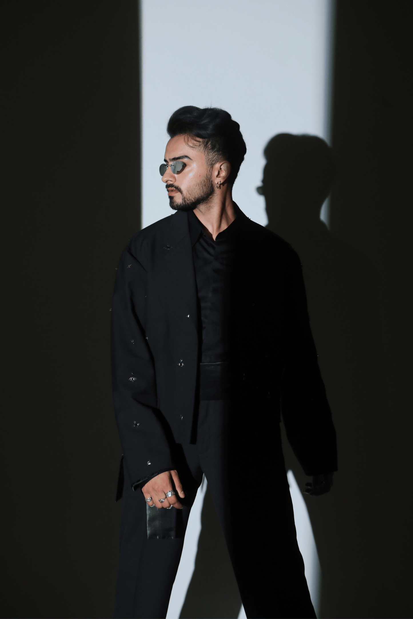 Black Worsted Wool Motifs Embellished Cropped Jacket