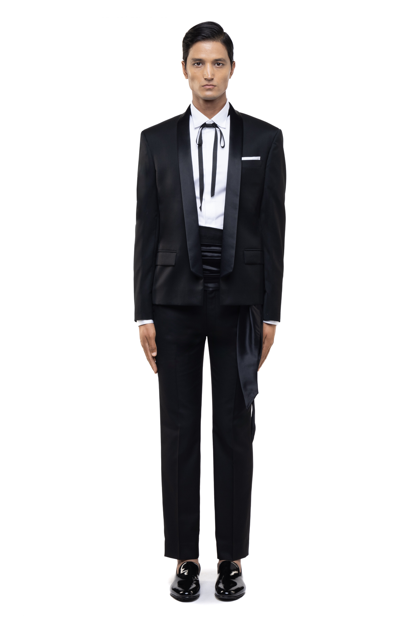 Black Worsted Wool Open Shawl Lapel Tuxedo Set