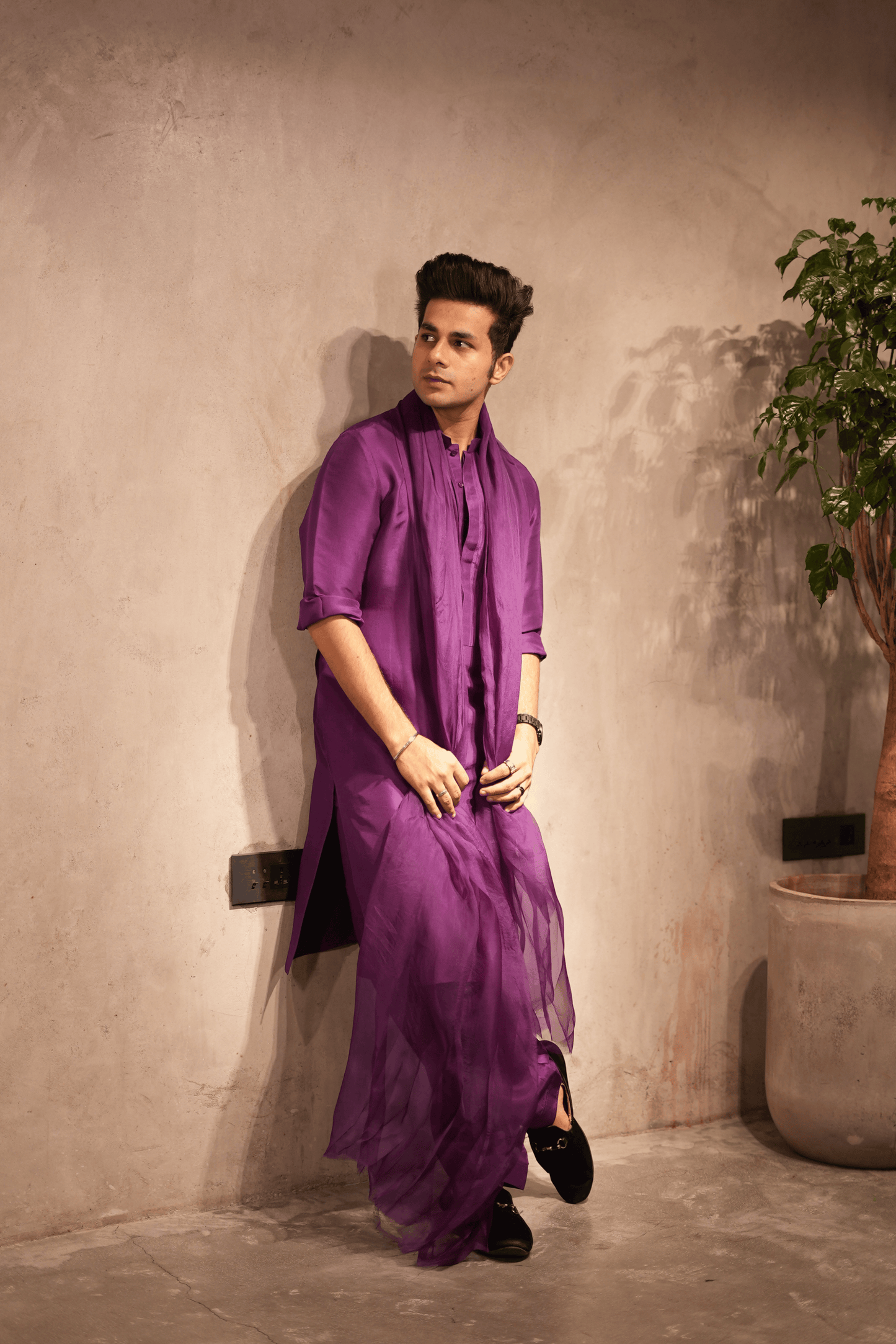 Purple Silk Pleated Kurta Set