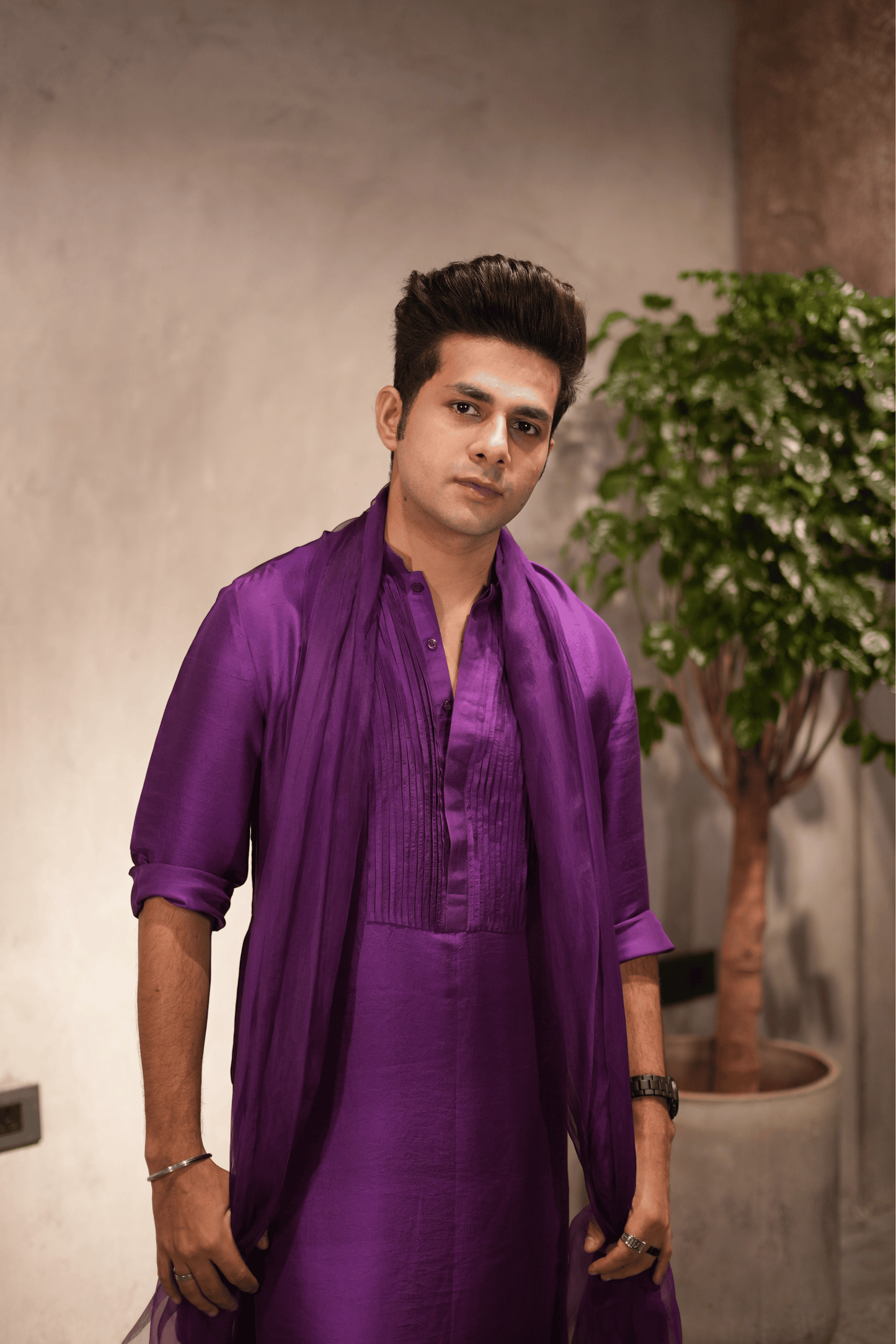 Purple Silk Pleated Kurta Set